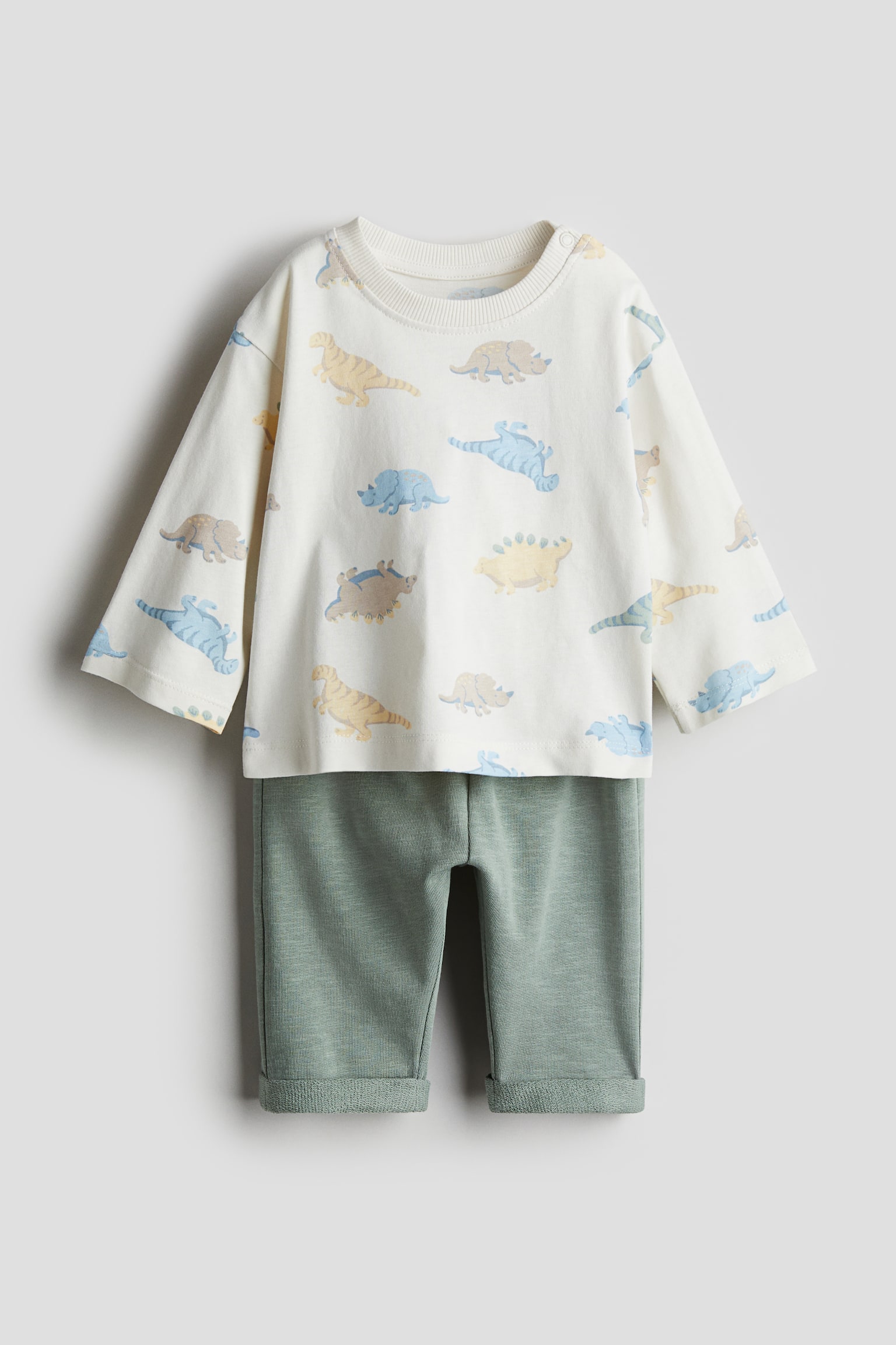 2-piece Cotton Set - Dusty green/Dinosaurs/Red/Block colour - 1