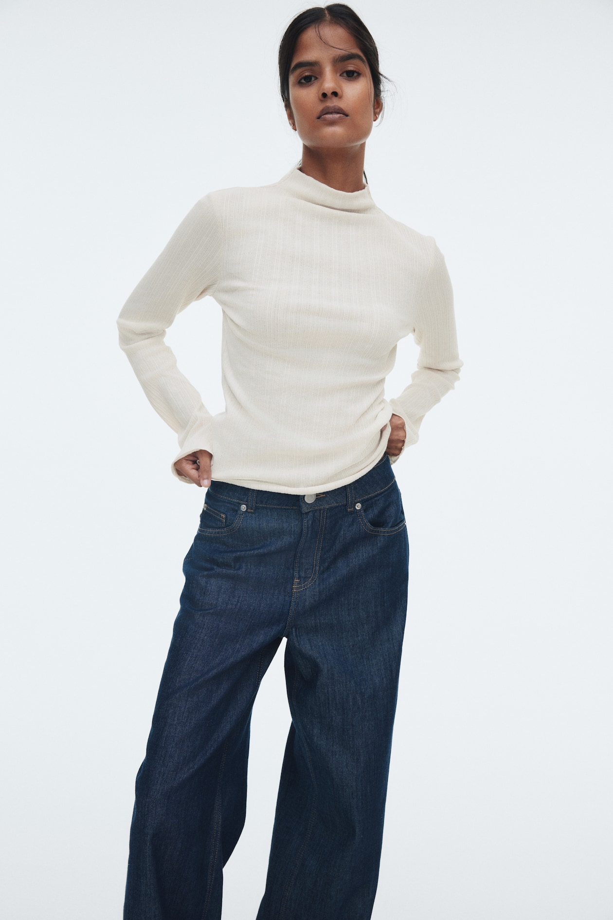 Ribbed Mock Turtleneck Top Cream Ladies H&M US - Main Image