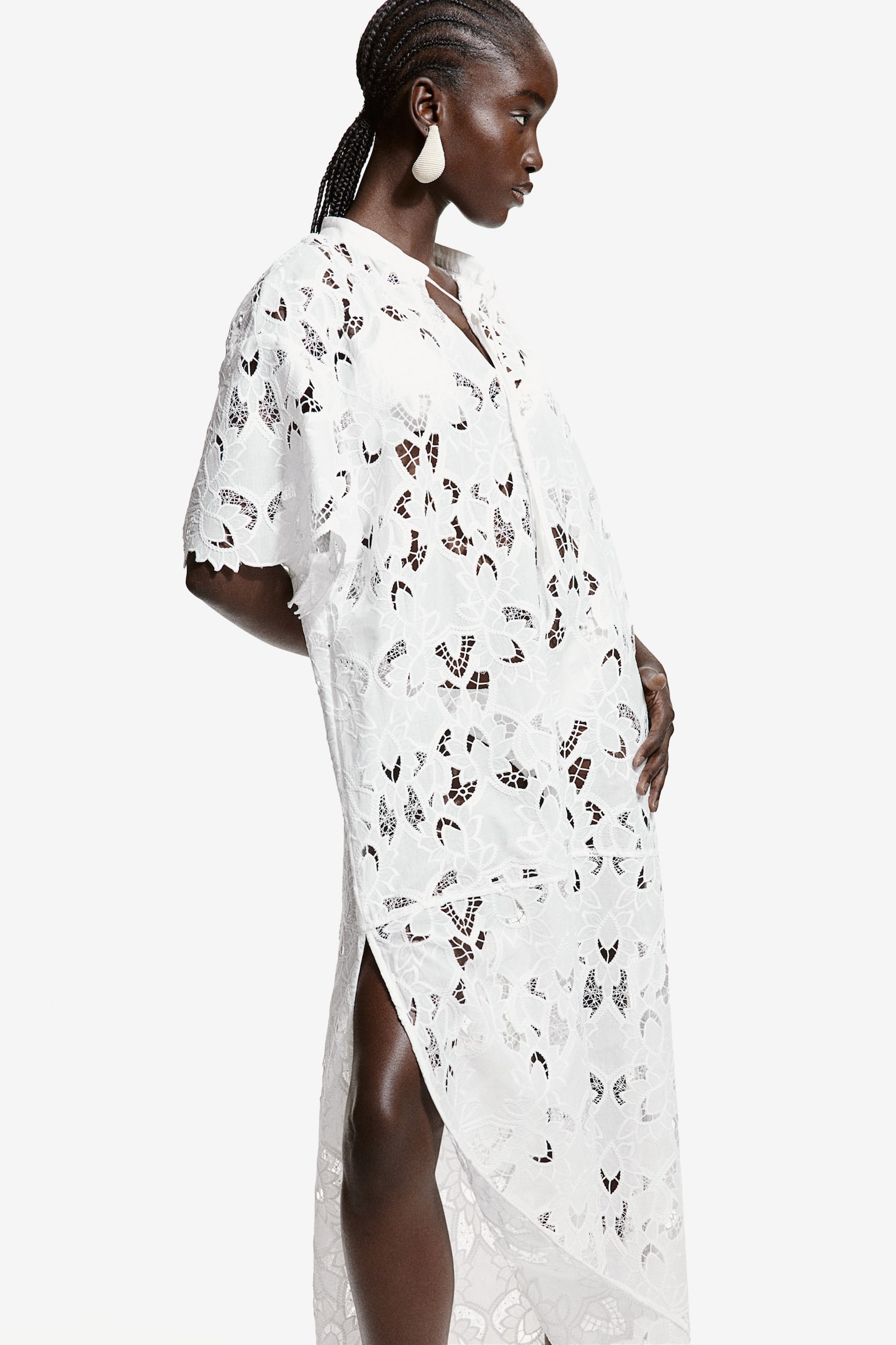 Robe caftan avec broderie anglaise - Blanc - 3