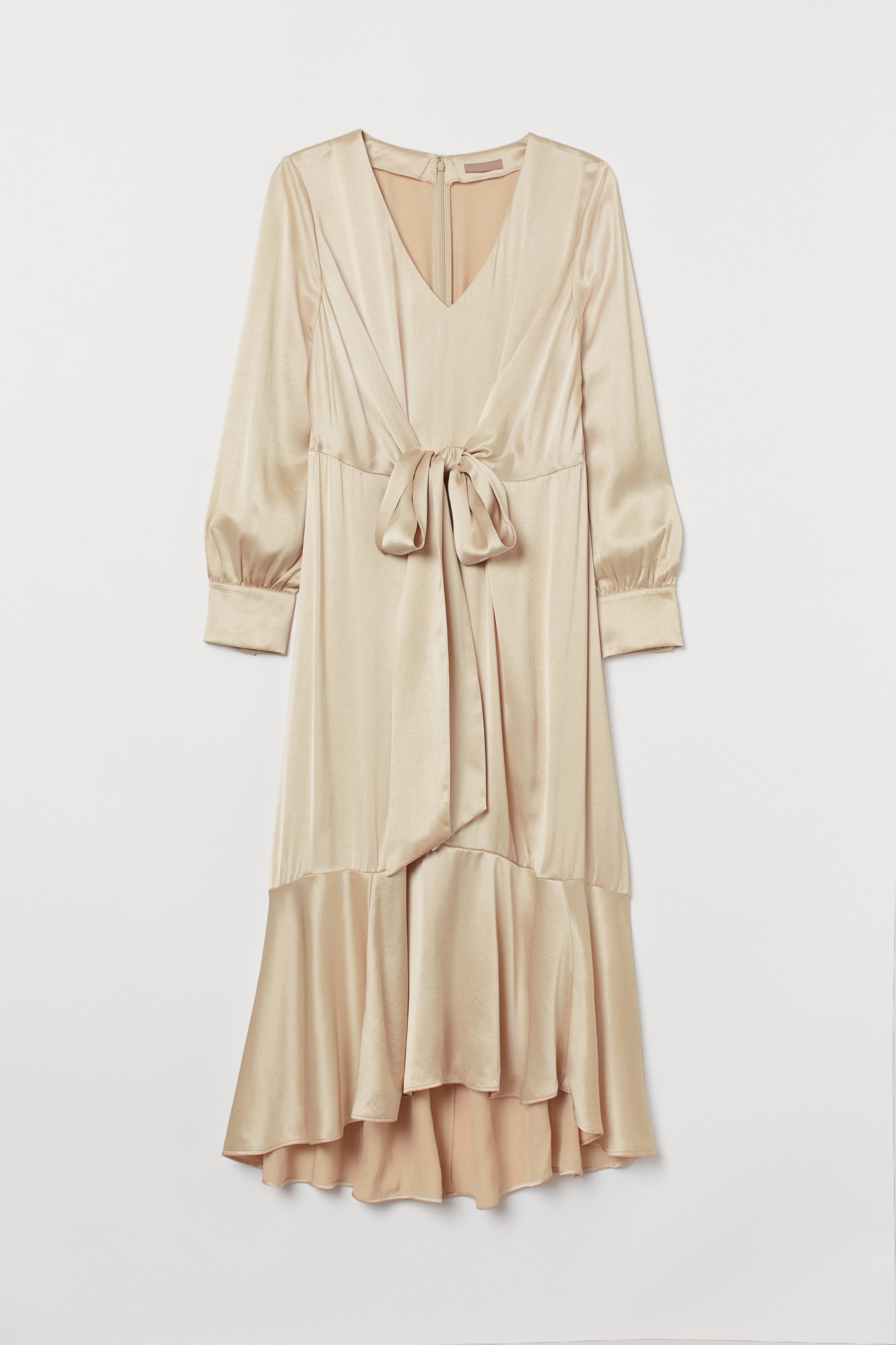 H&M+ Satin Dress - V-neck - Long sleeve - Light beige - Ladies | H&M US