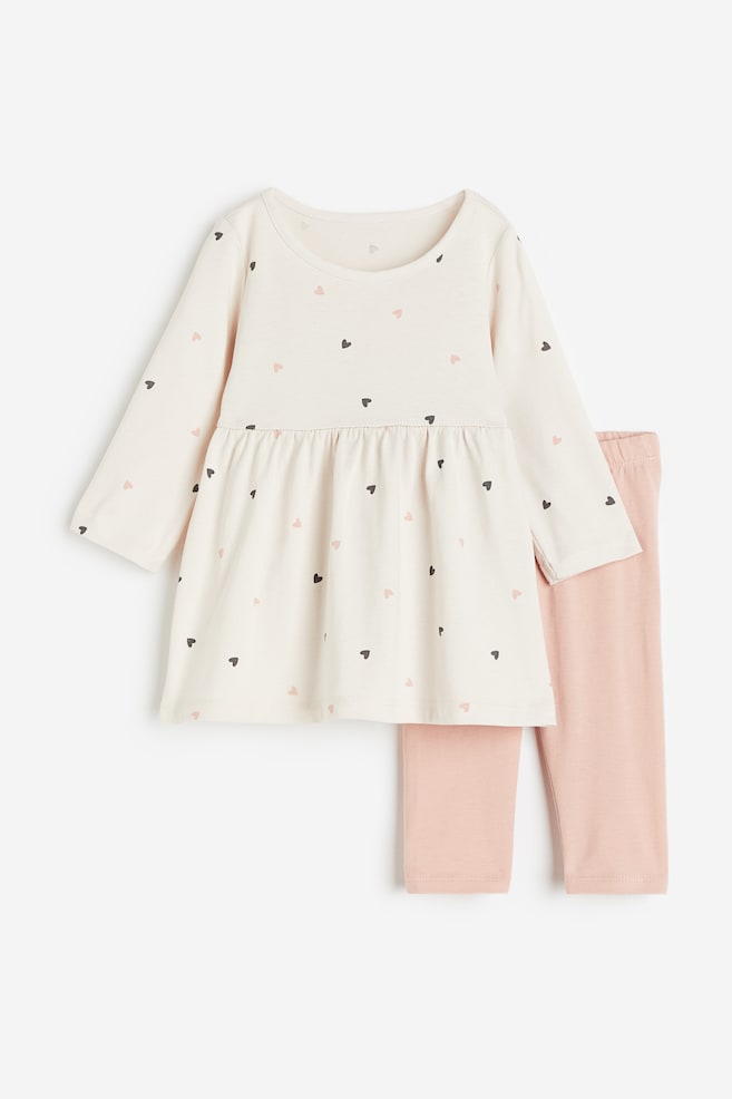 2-piece dress and leggings set - Light beige/Hearts/Dark pink/Hearts - 1