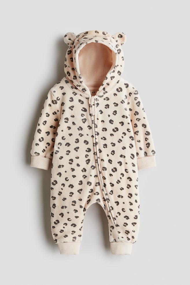 Printed velour romper suit - Light beige/Leopard print - 1