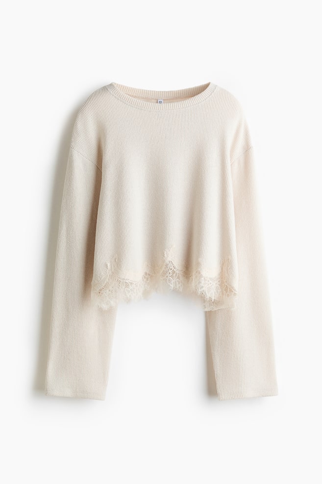 Loose-Fit Lace-Trimmed Top - Light dusty beige/Burgundy - 1