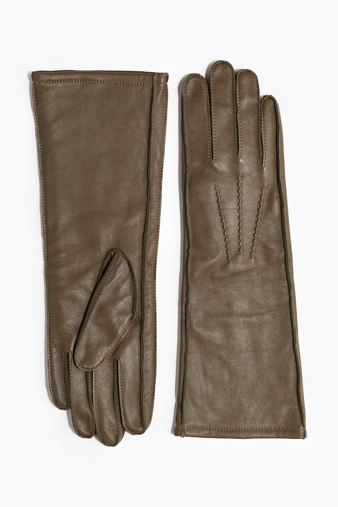 Gants longs en cuir - Vert kaki foncé/Gris clair/Rouge foncé - 1