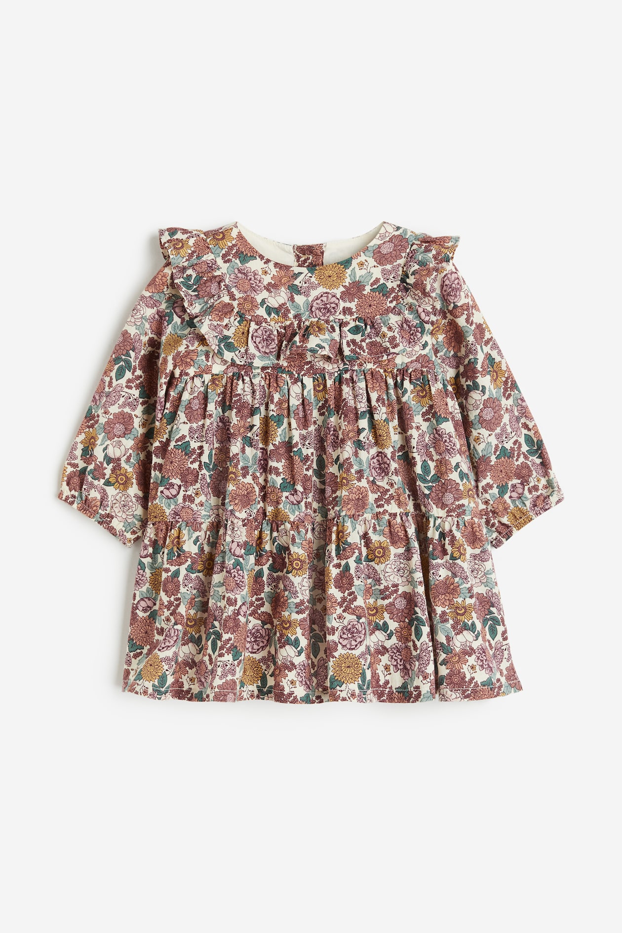 Ruffle-trimmed Dress - Round Neck - Long sleeve - Dark pink/floral ...