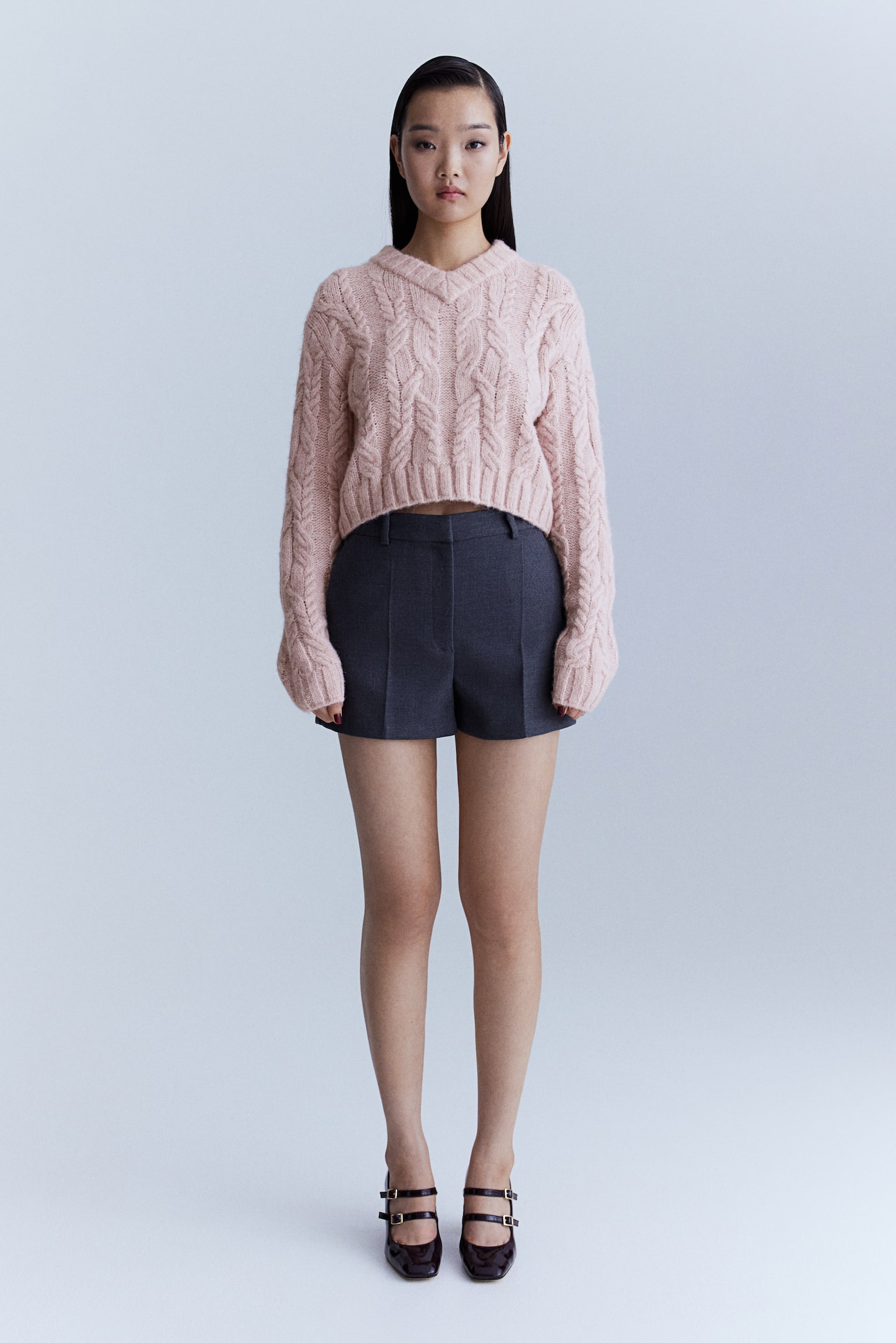 V-neck cable-knit jumper - Light dusty pink/Cream - 5