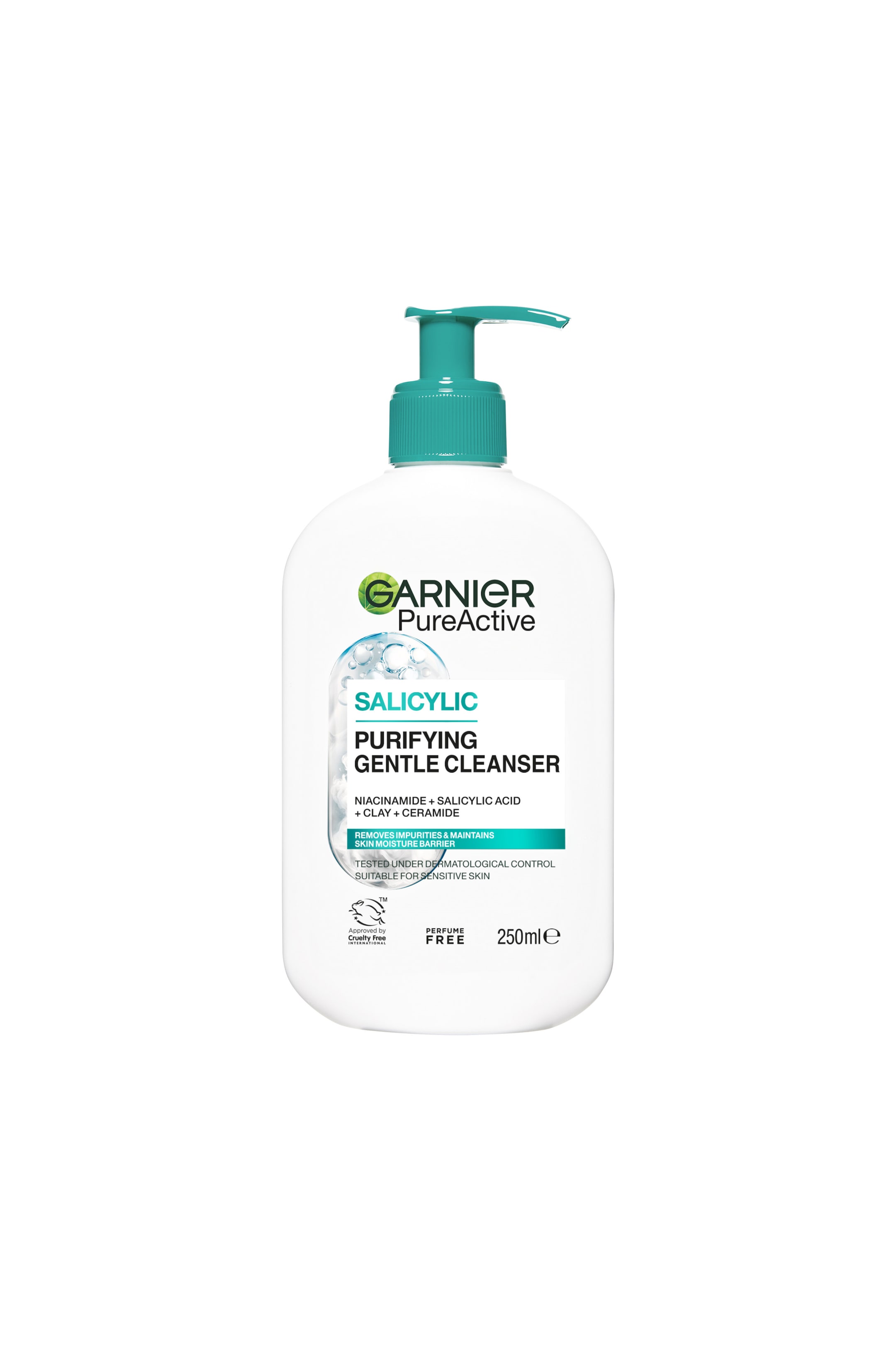 Visa större bild: En vit plastflaska med Garnier PureActive Salicylic Purifying Gentle Cleanser står upprätt och vänd framåt, med en pumpdispenser i turkos färg. Etiketten på framsidan visar produktinformation, inklusive "Salicylic Purifying Gentle Cleanser", nyckelingredienser och en volym på 250 ml.