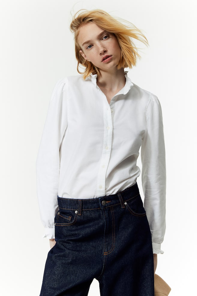 Frill-trimmed Oxford blouse - White/Blue - 4