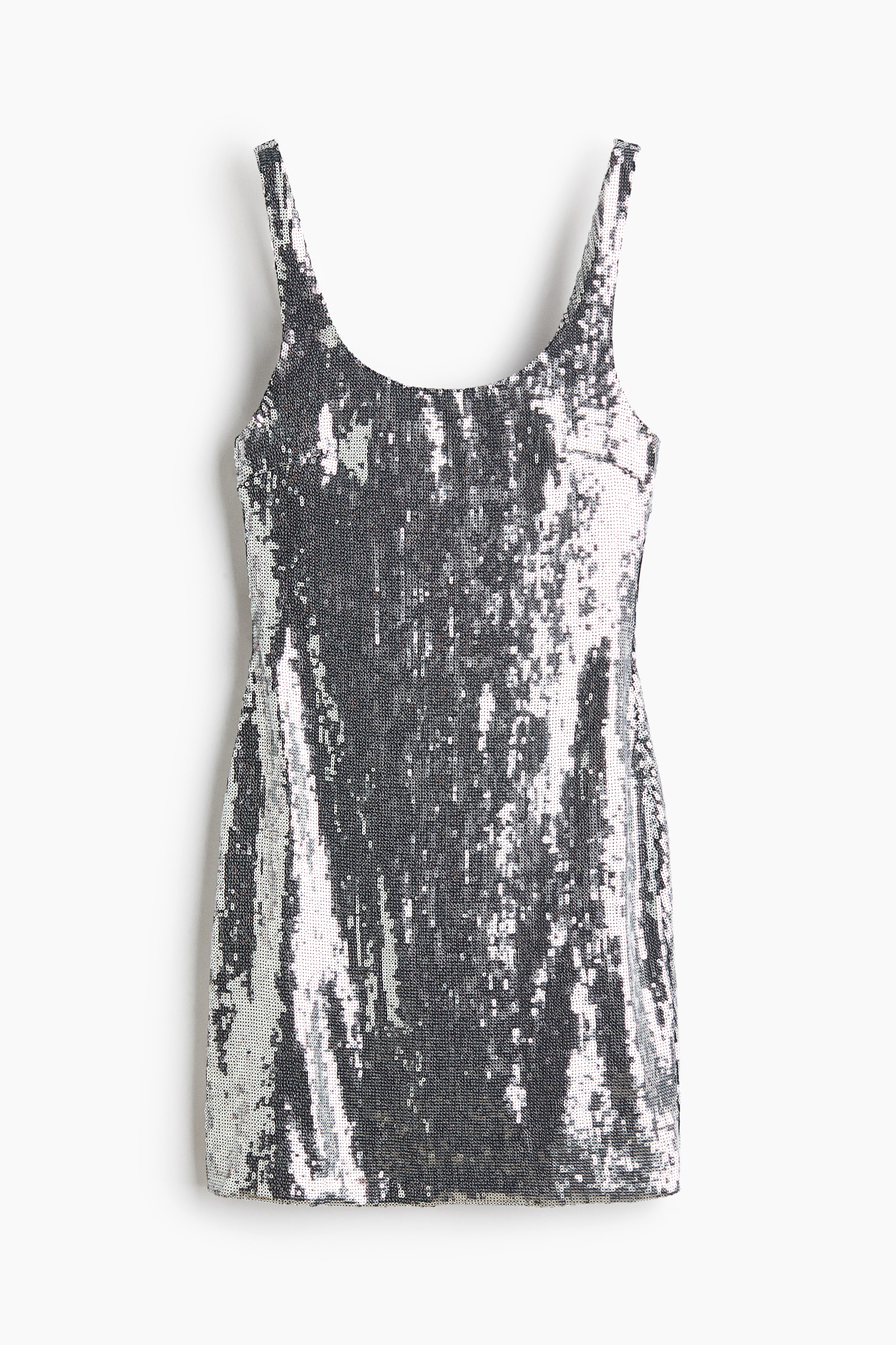 View larger image: A sleeveless sequined mini dress is shown from the front, featuring a scoop neckline and wide shoulder straps. Shimmering silver and dark grey sequins cover the entire garment in a textured, reflective pattern.