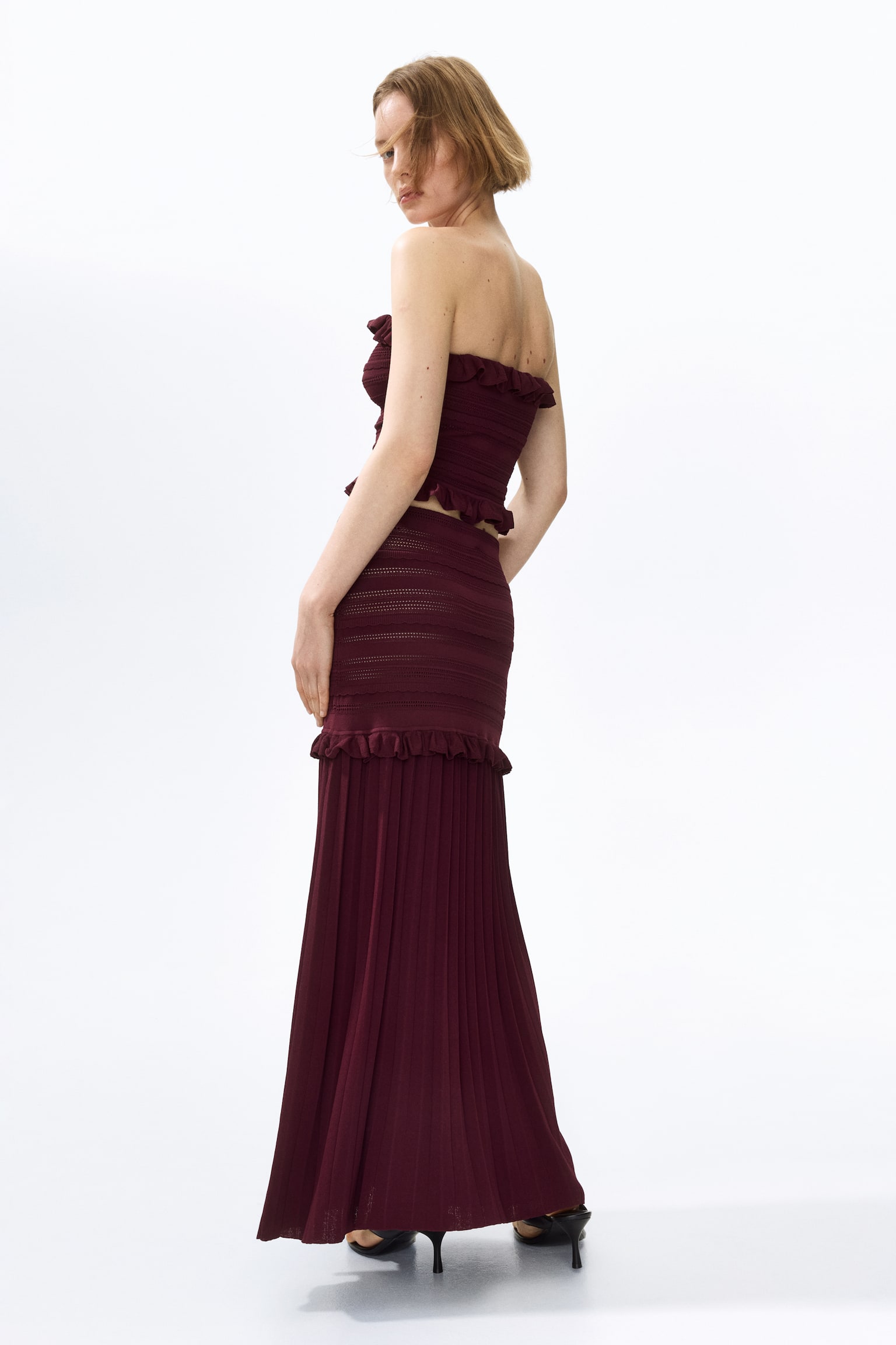 Pleated pointelle-knit skirt-Burgundy - 3