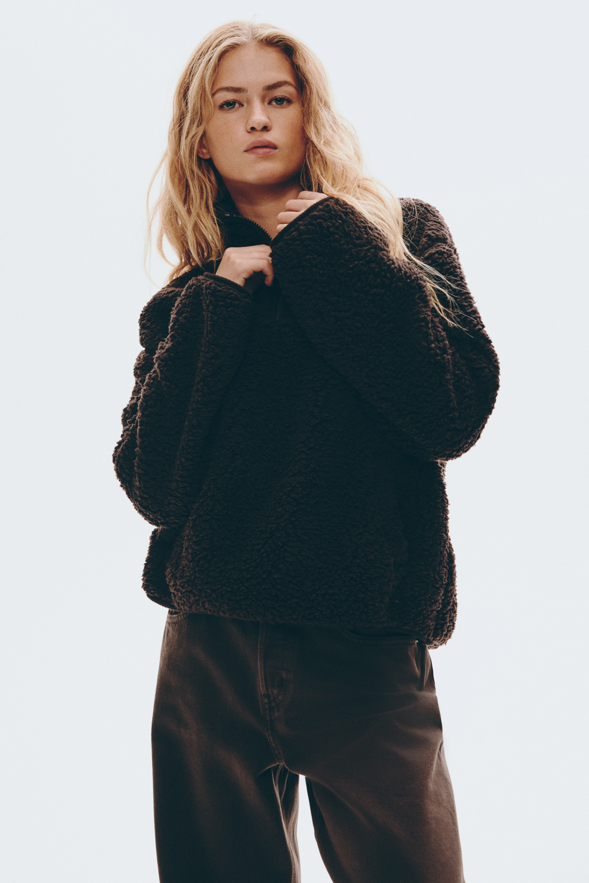 Women's Dark brown Half-Zip Teddy Fleece Sweatshirt | H&M US