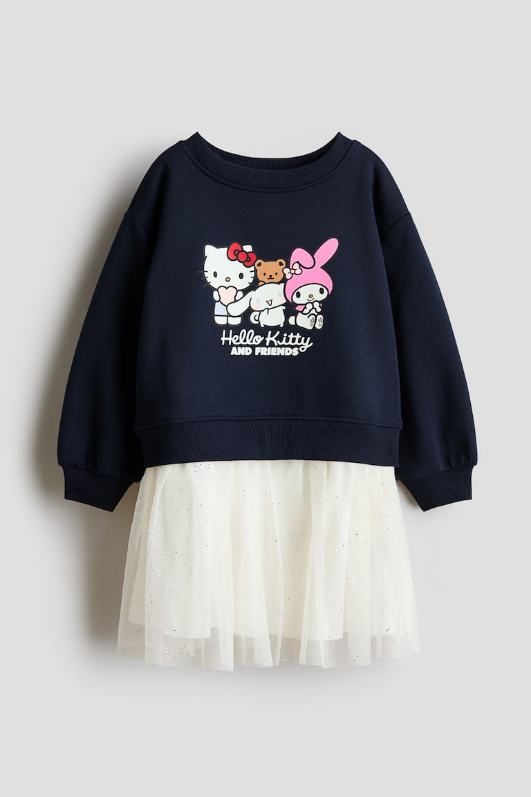 H&M Printed Tulle-skirt Sweatshirt Dress in Navy Blue/Sanrio at Nordstrom, Size 8-10