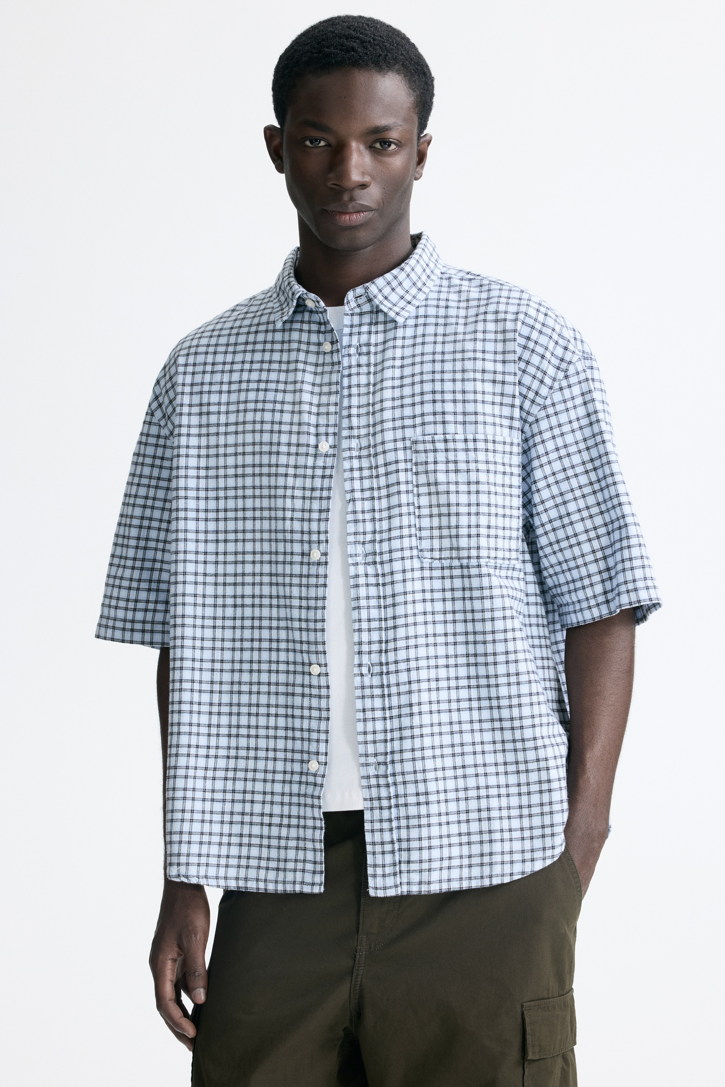 Relaxed-Fit Cotton Flannel Shirt - Light blue/checked - Men | H&M US