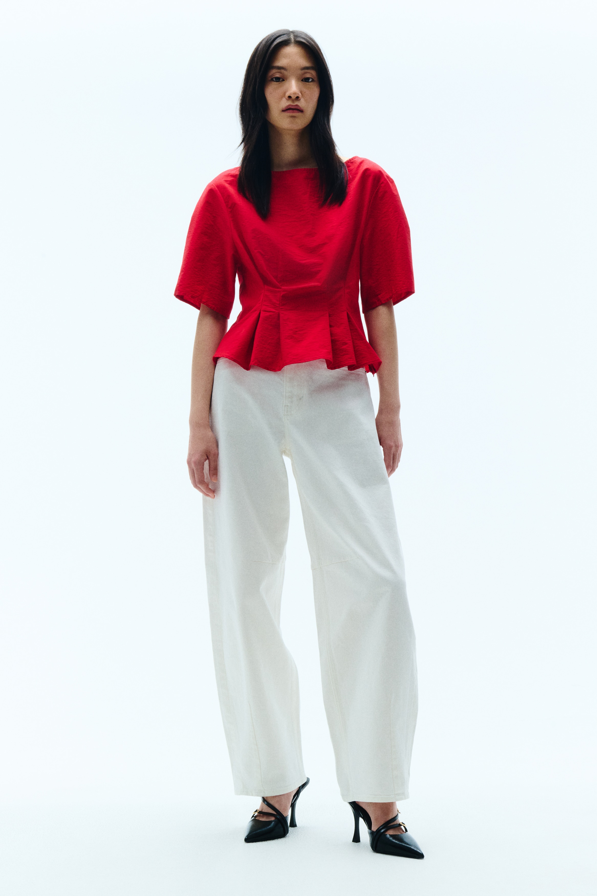 Waisted boat-neck top - Red/Beige