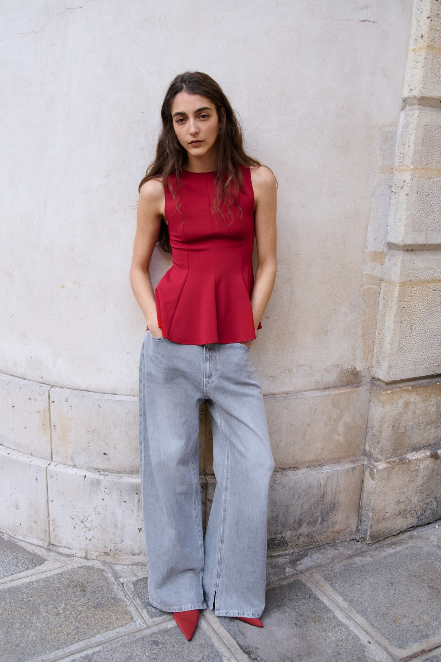 Sleeveless peplum top - Red/Black/White - 1