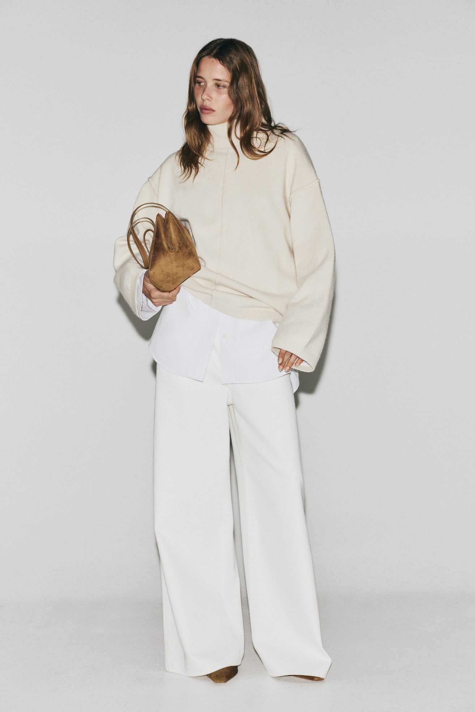 Genser med halvpolo og pyntesøm - Cream/Mørk gråmelert - 5