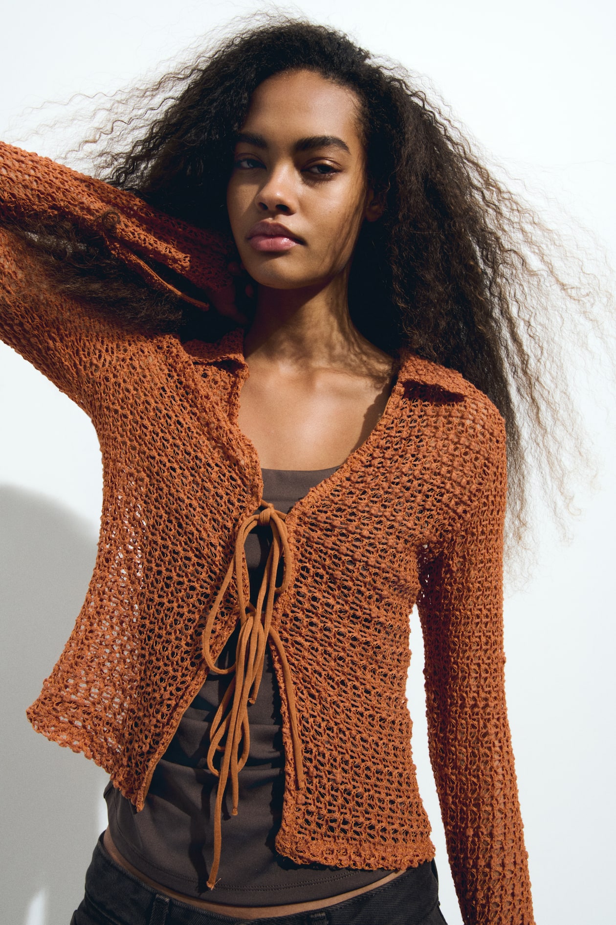 Tie-Front Hole-Knit Top - image 2