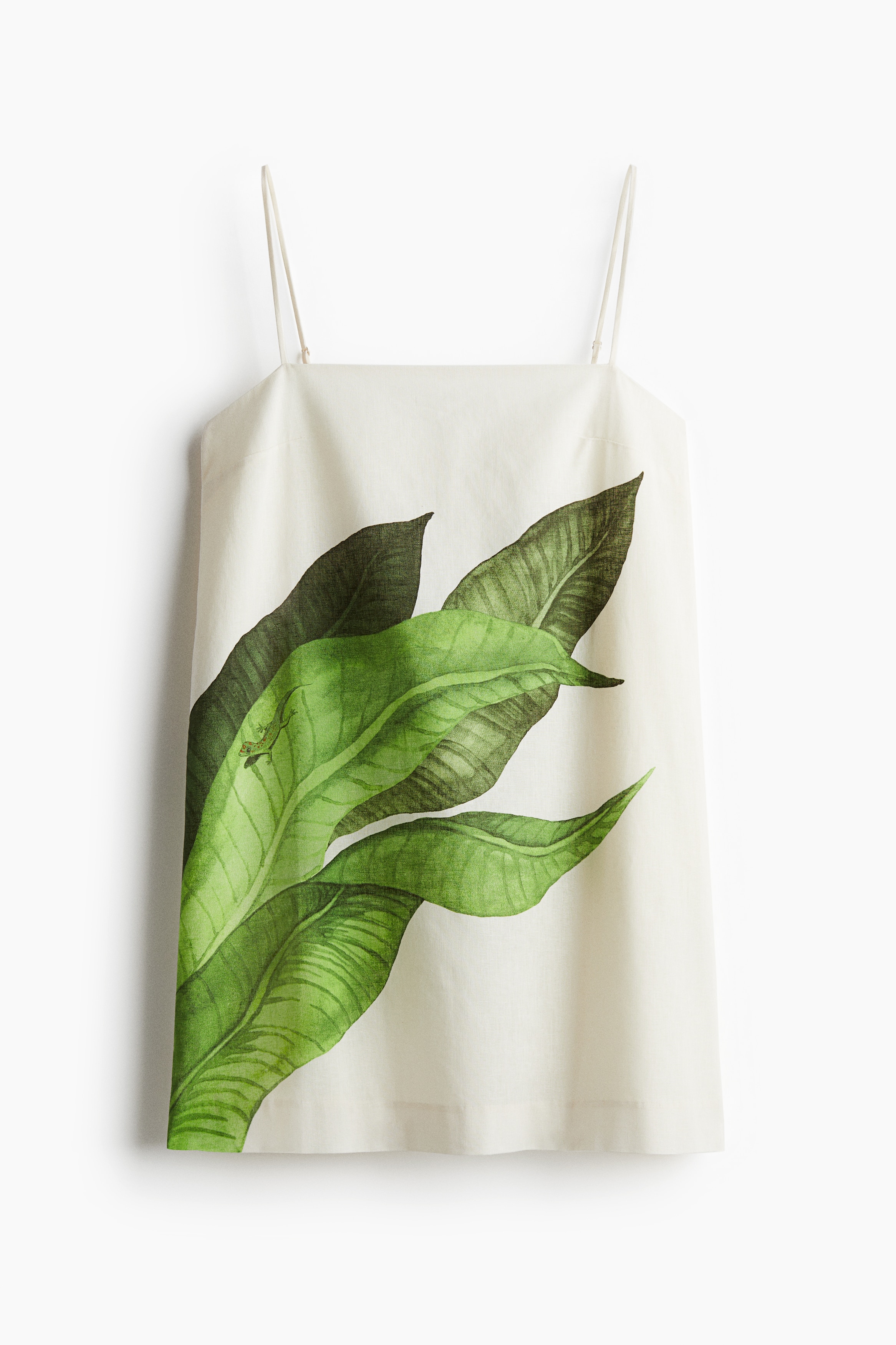 Stroppekjole i linmiks - Hvit/Blader