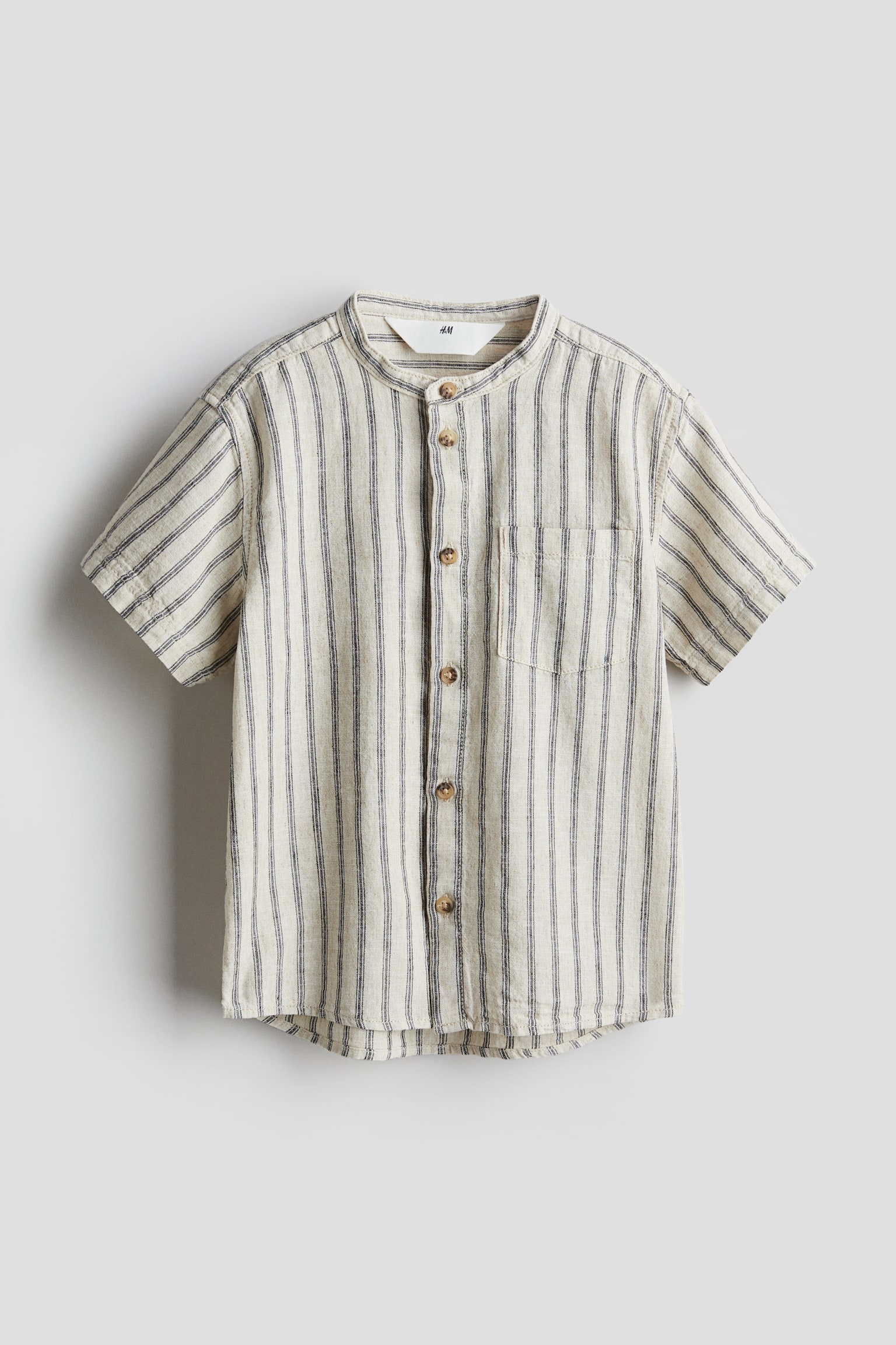 Linen Blend Grandad Shirt - Light beige/Stripe/White/Light khaki green - 2