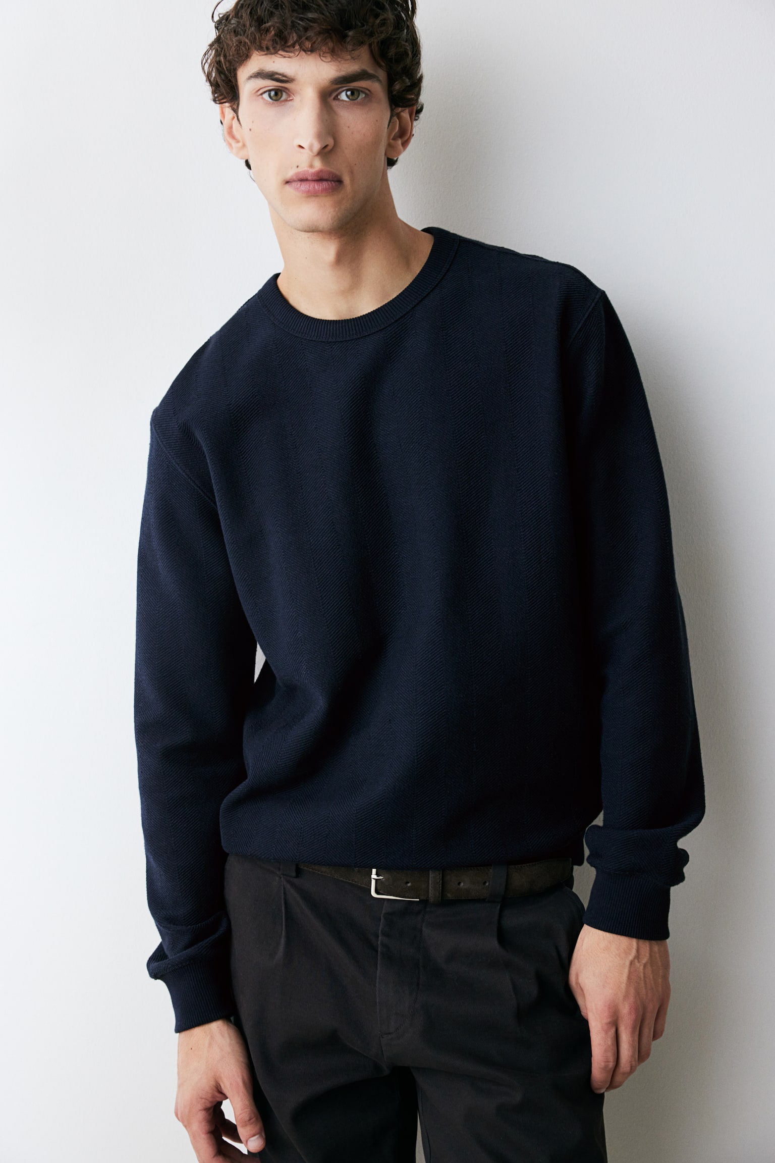 Regular Fit Herringbone-patterned sweatshirt - Navy blue/Dark brown/Light beige/White - 1