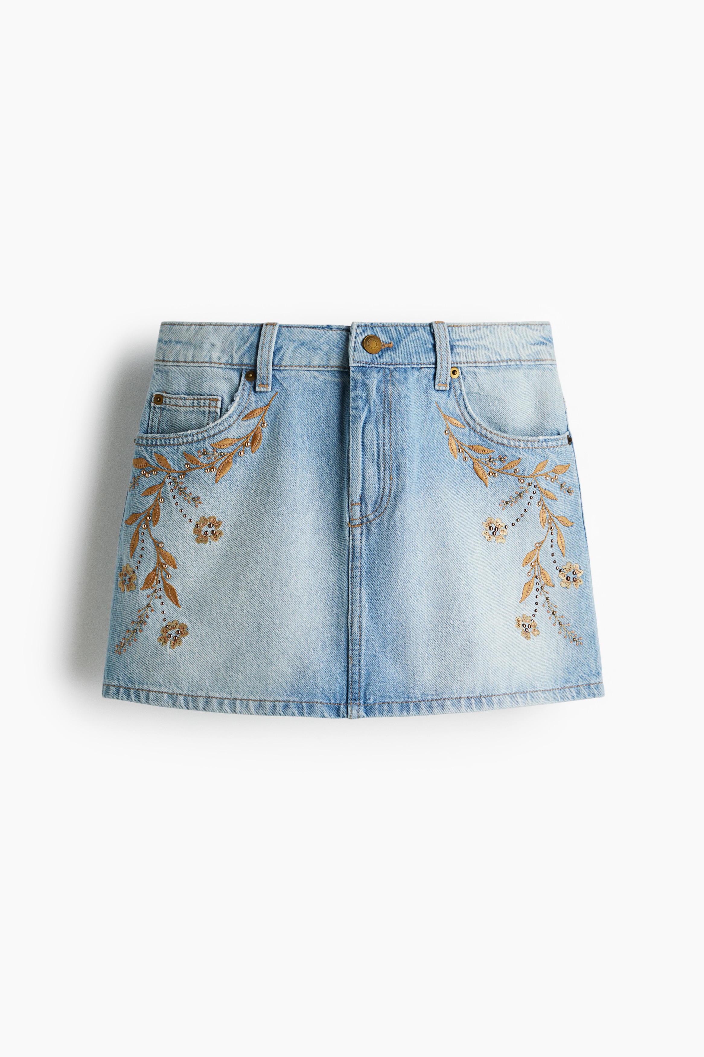 Denim Mini Skirt - Light denim blue/flowers/Light khaki green