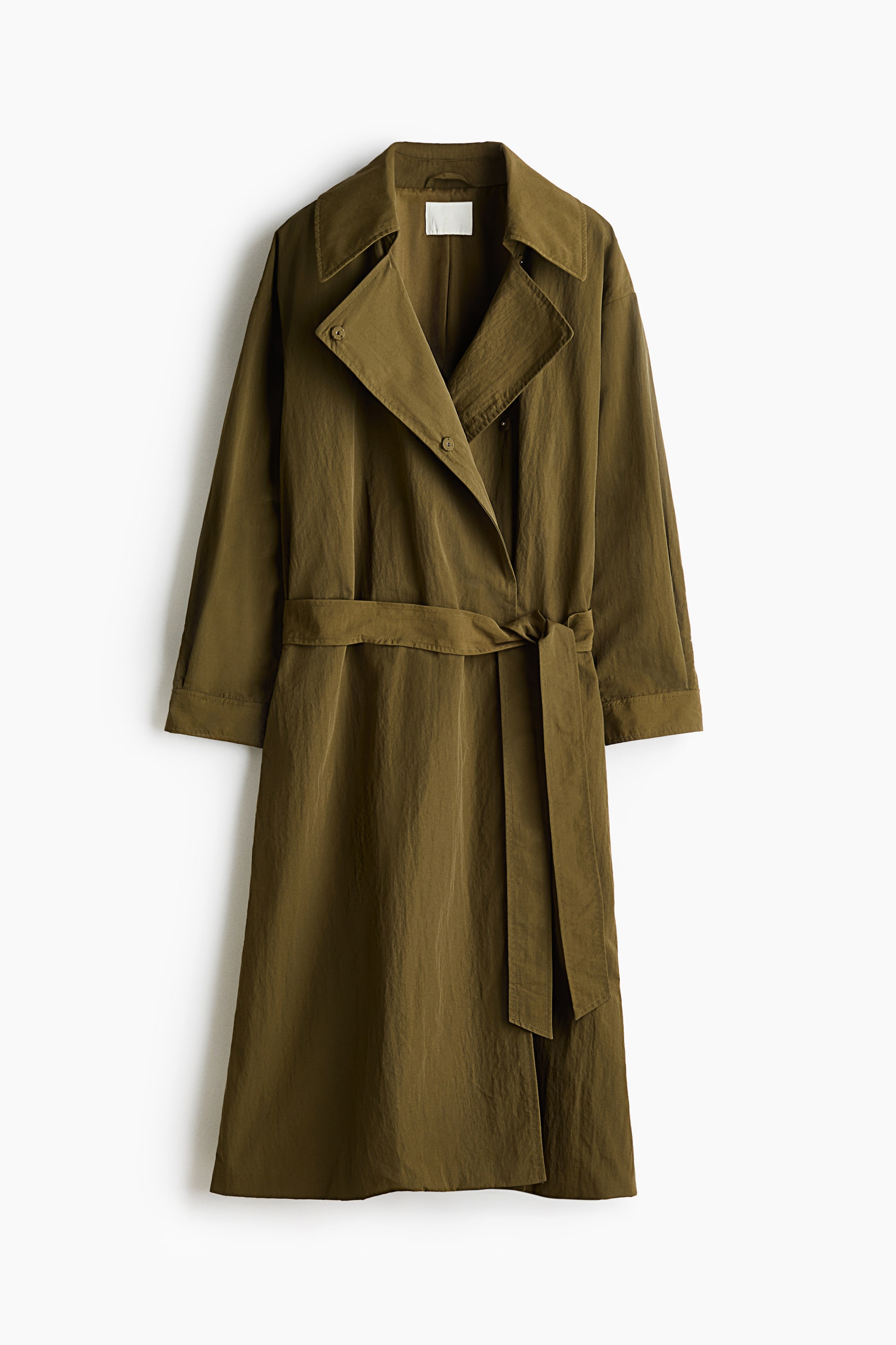 View larger image: An olive-green trench coat shown from the front, featuring wide notched lapels and an open front secured with a self-fabric belt tied at the waist. It has long sleeves and a long hemline.