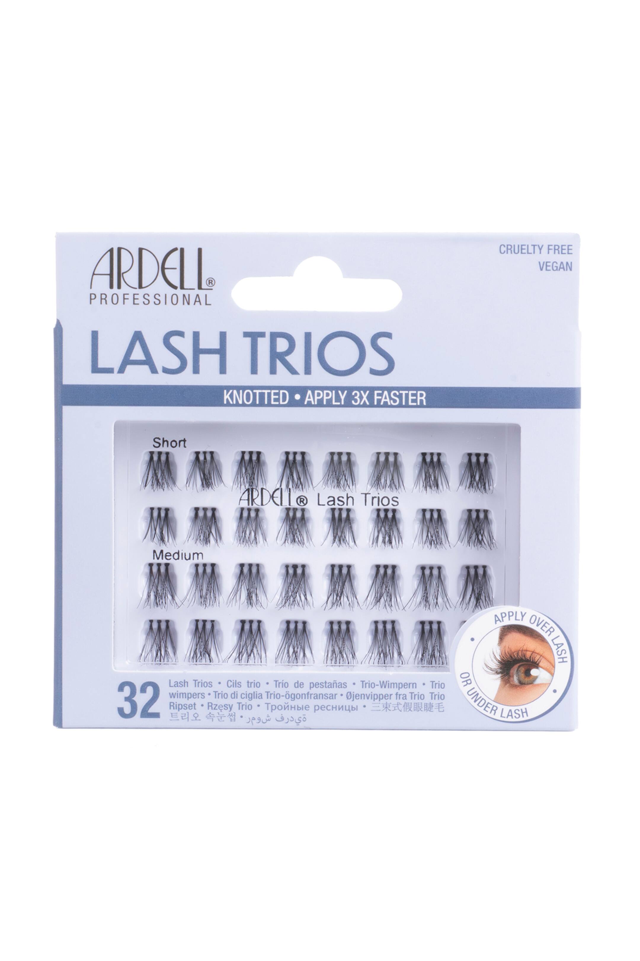 Se større billede: Ardell Professional Lash Trios præsenterer 32 klynger af knudede sorte kunstige øjenvipper, arrangeret i rækker af korte og mellem lange længder i en hvid og grå pakke. Emballagen har også "cruelty-free" og "vegan" mærkater samt en cirkulær grafik, der viser påføring af vipper.