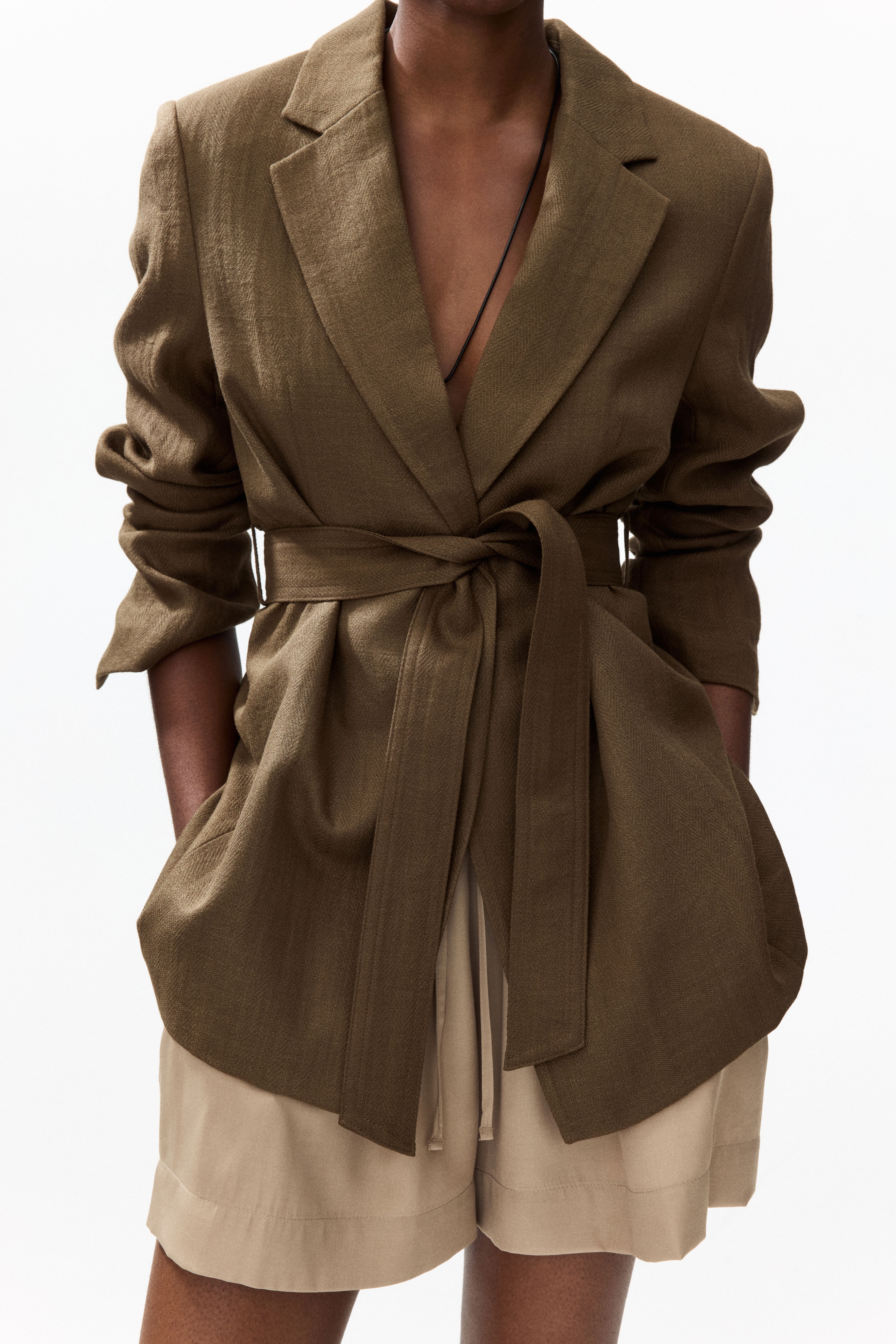 Textured-Weave Tie-Belt Blazer