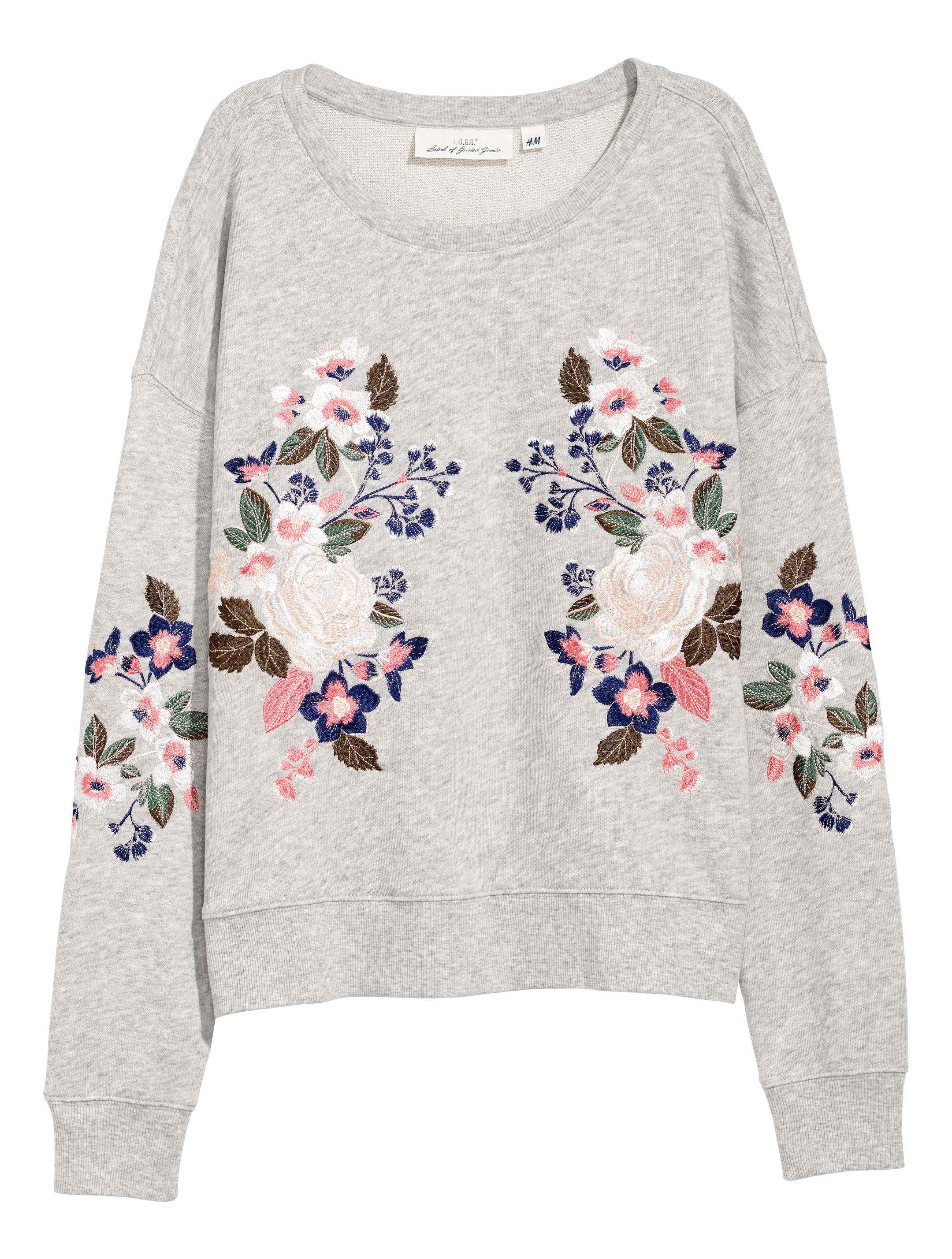 Embroidered sweatshirt - Long sleeve - Light grey/Flowers - Ladies | H&M GB