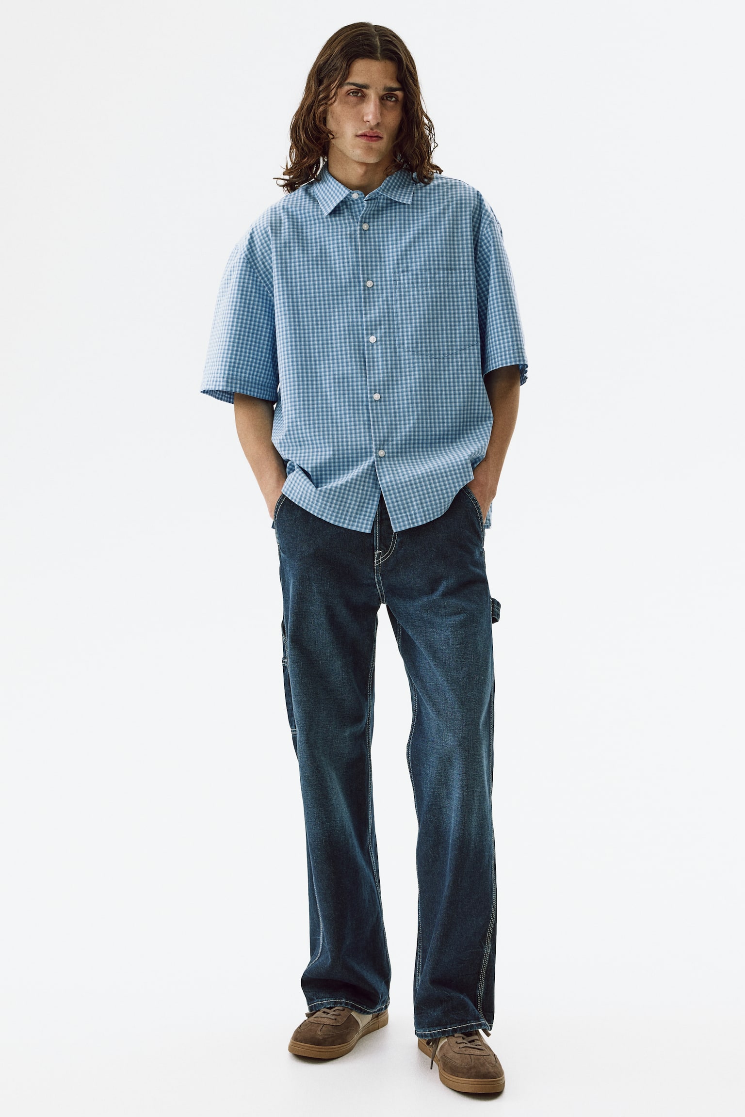 Relaxed Fit Cotton shirt - Light blue/Checked/Khaki green/Checked - 1