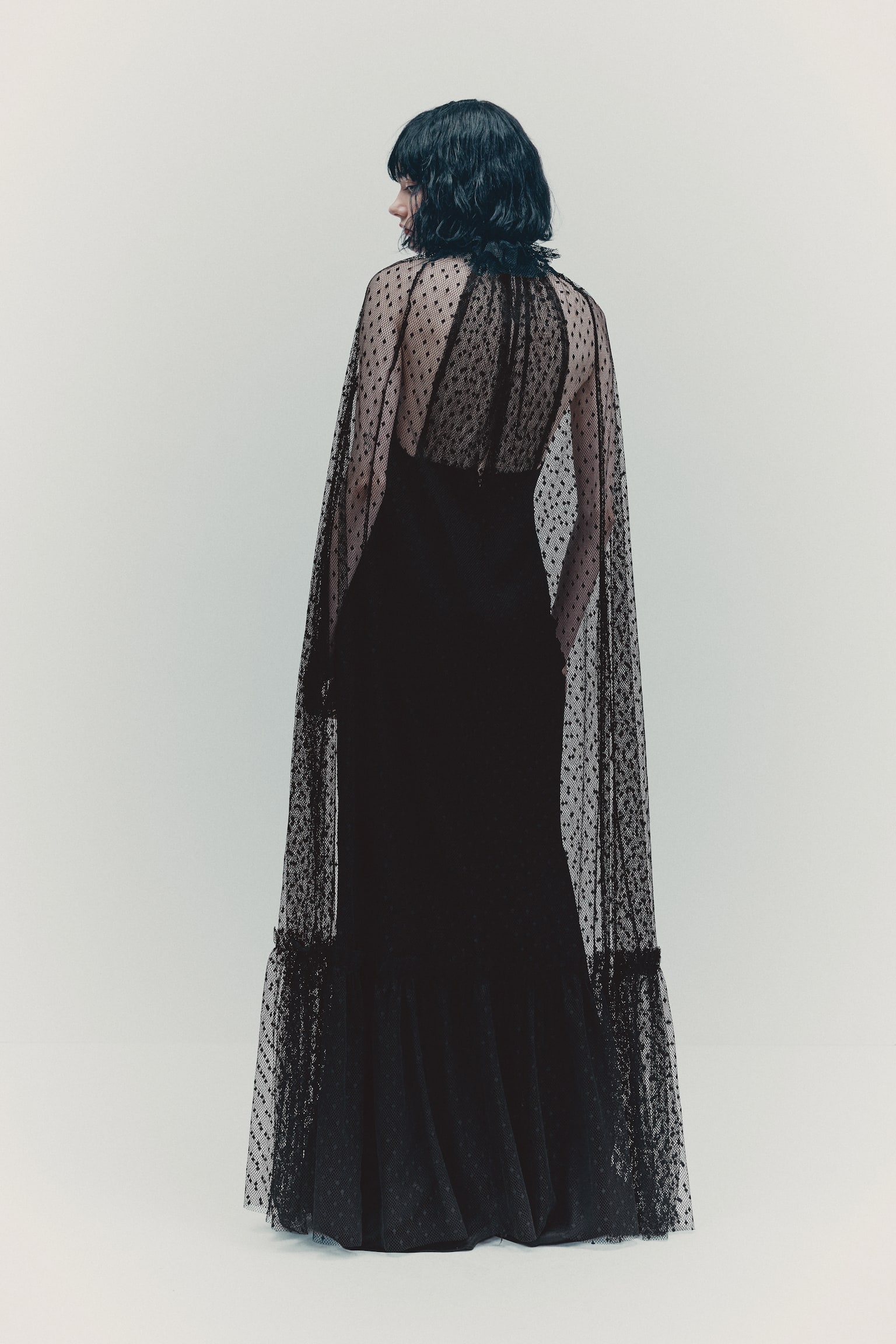 Mesh-cape dress - Black - 5