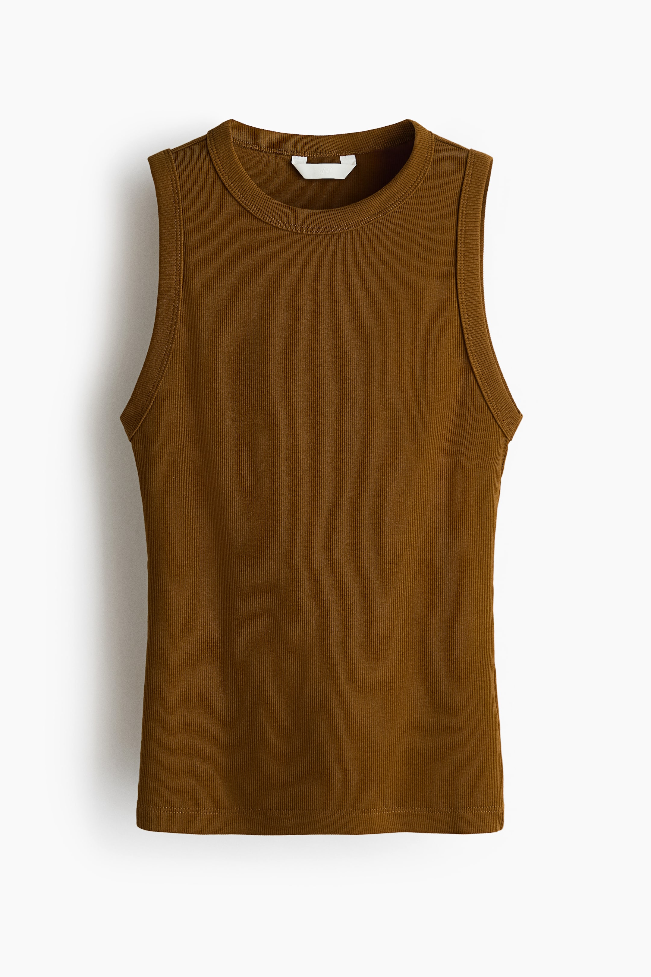 View larger image: The fitted vest top is depicted from the front, showcasing a brown ribbed cotton jersey. It features ribbed trims around its round neckline and armholes.