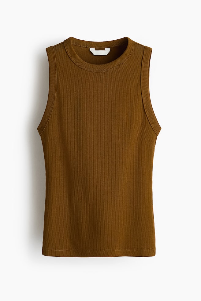 The fitted vest top is shown from the front, featuring a brown ribbed cotton jersey. It is displaying ribbed trims around its round neckline and armholes. - 1