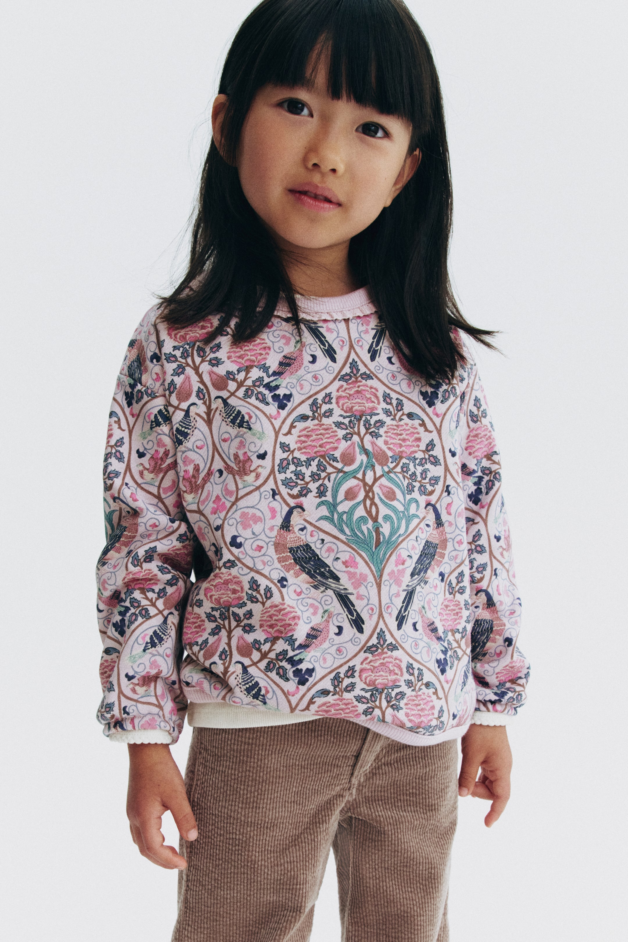 Ver imagen más grande: Un niño lleva un jersey de manga larga confeccionado en felpa de algodón ligera, con un estampado ornamental integral de pájaros y flores en tonos rosa, verde y marrón. El jersey, mostrado de frente, presenta un escote redondo con delicado ribete de volantes, hombros caídos y puños estrechos elásticos.