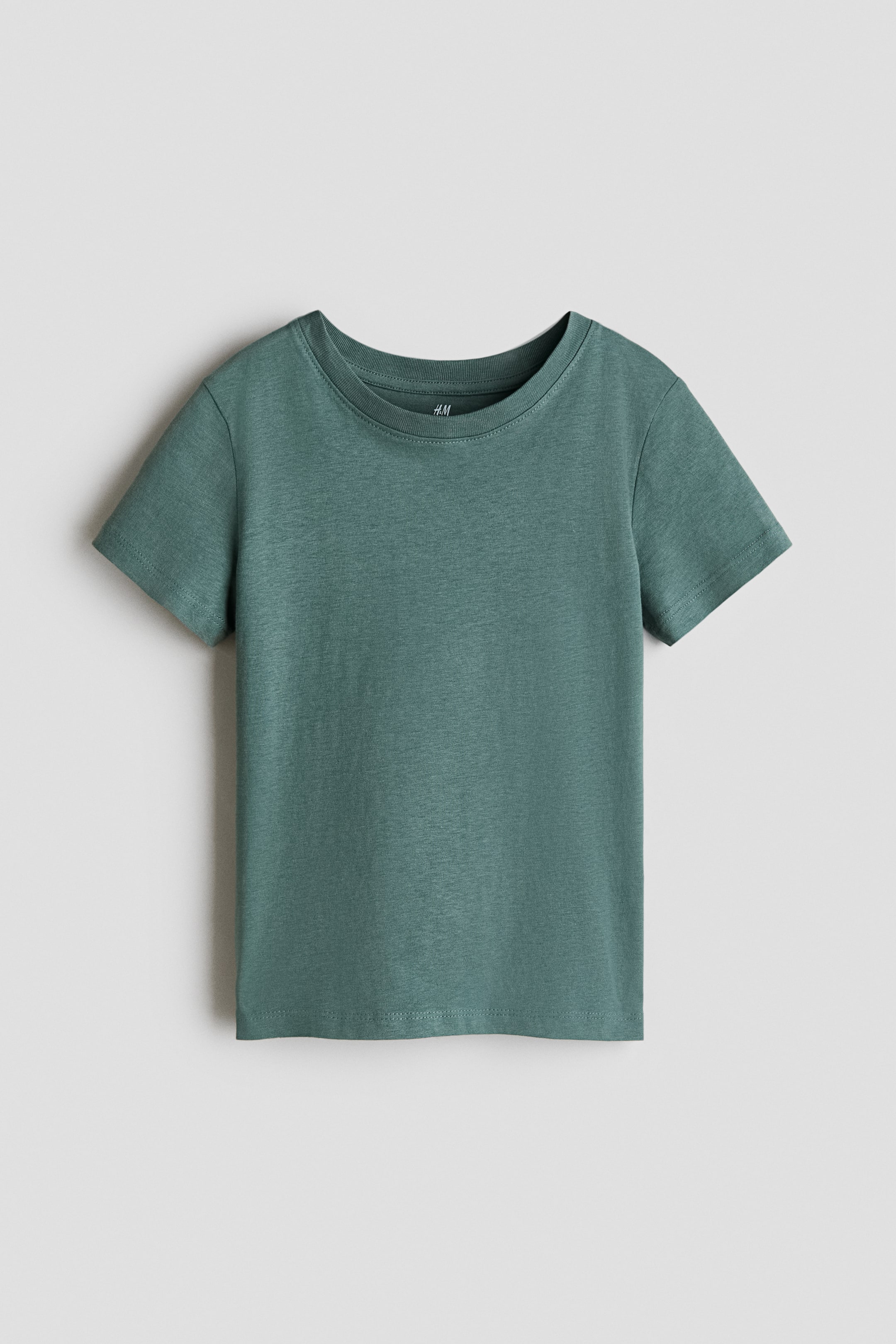 View larger image: A green t-shirt featuring a round neck, short sleeves, and a straight hem. It showcases a plain knit texture.