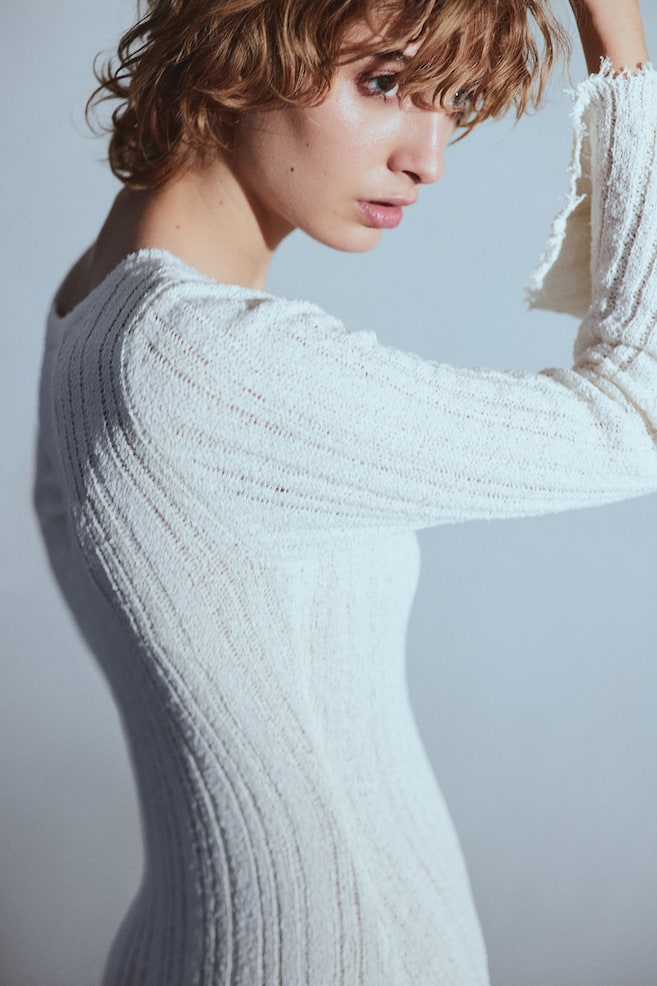 Frayed-edge rib-knit dress - Cream - 3