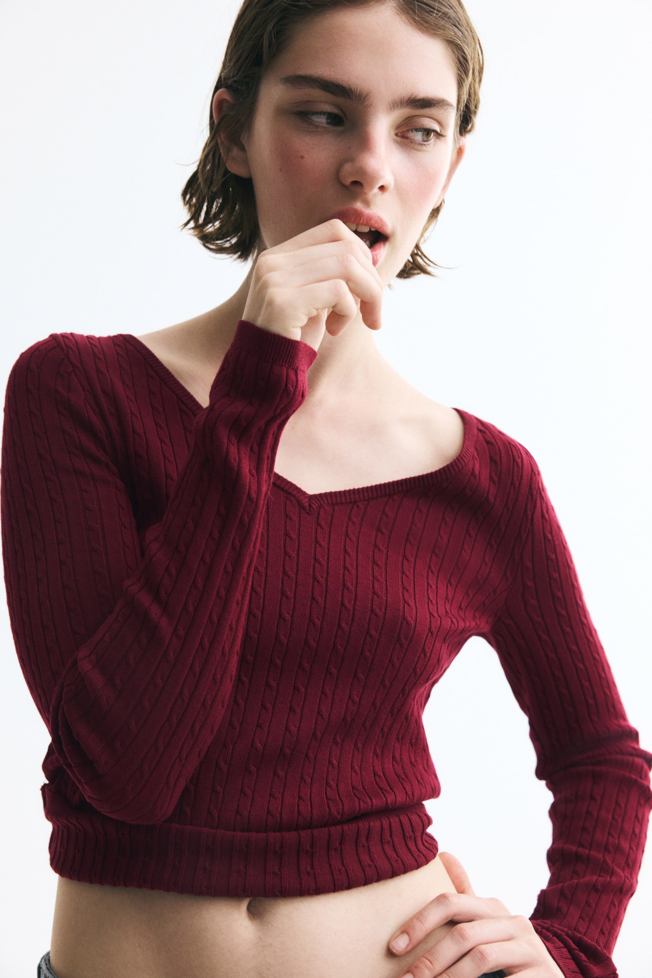 View larger image: Cable-Knit Viscose-Blend Sweater - Dark red - Ladies | H&M US 1