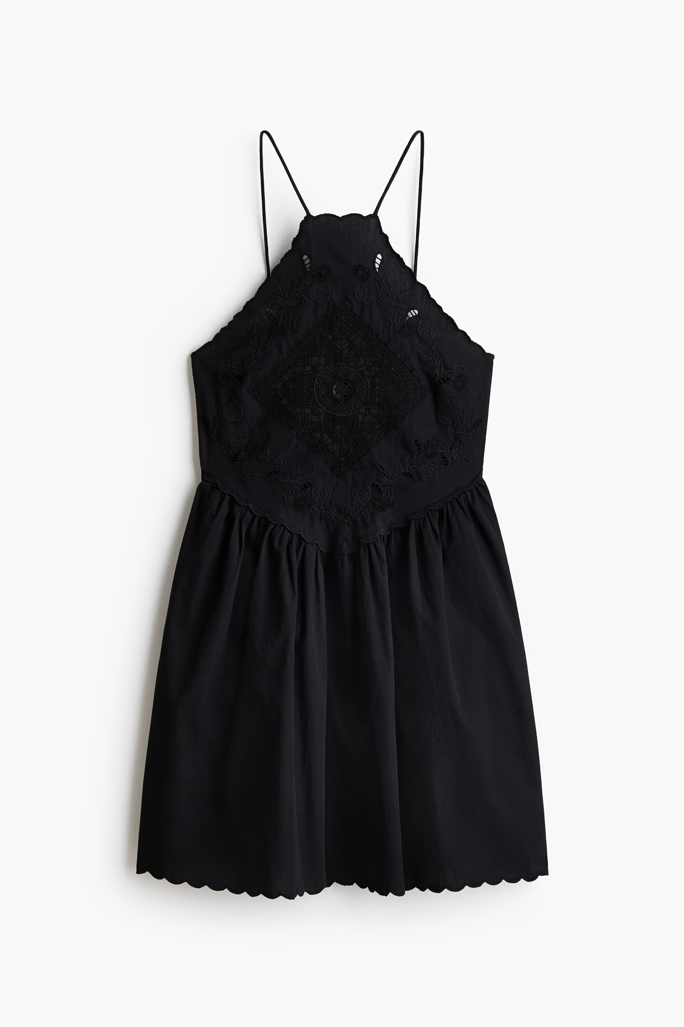 Flared-Skirt Dress with Eyelet Embroidery - Black/White