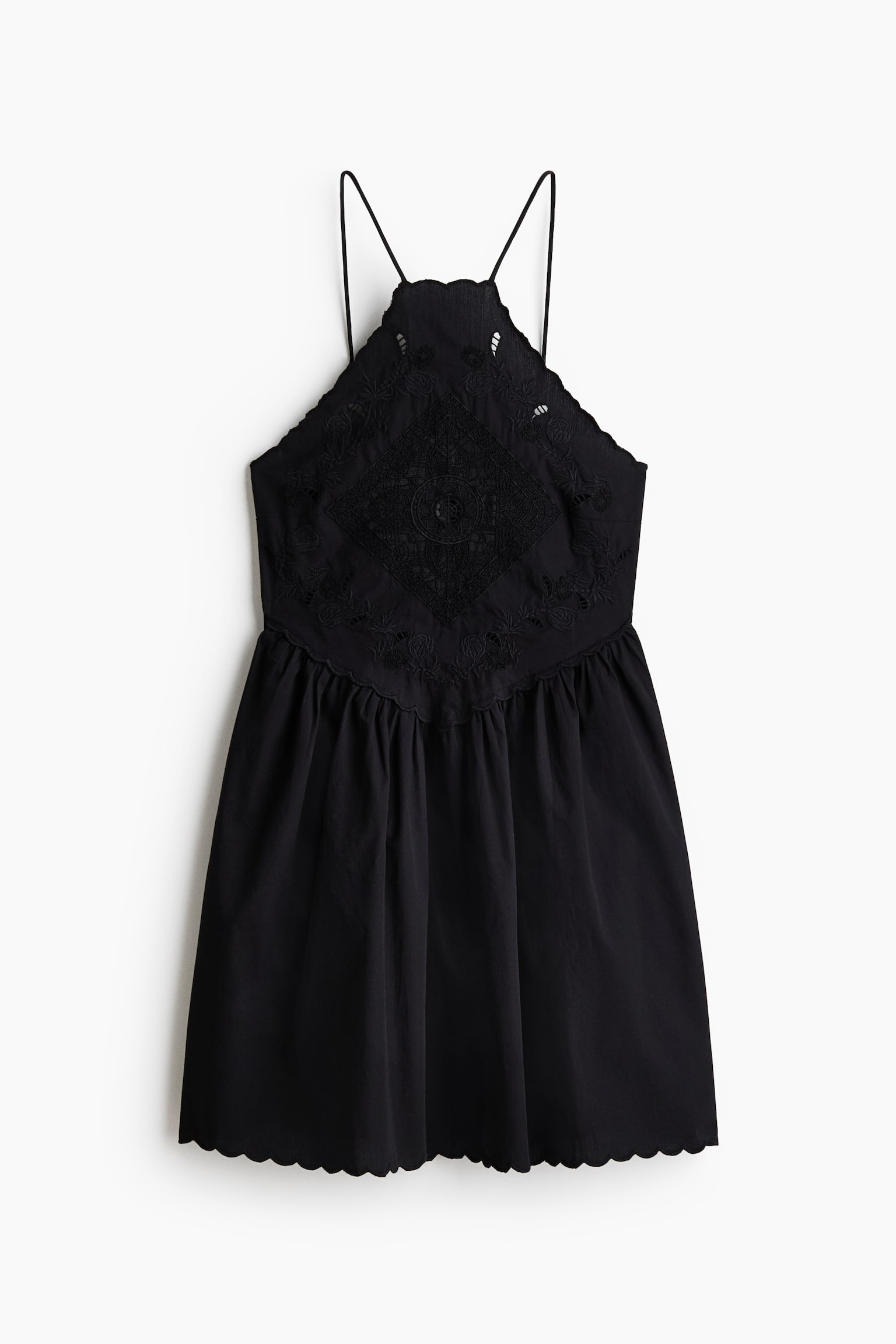 Vestido acampanado con bordado inglés - Negro/Blanco