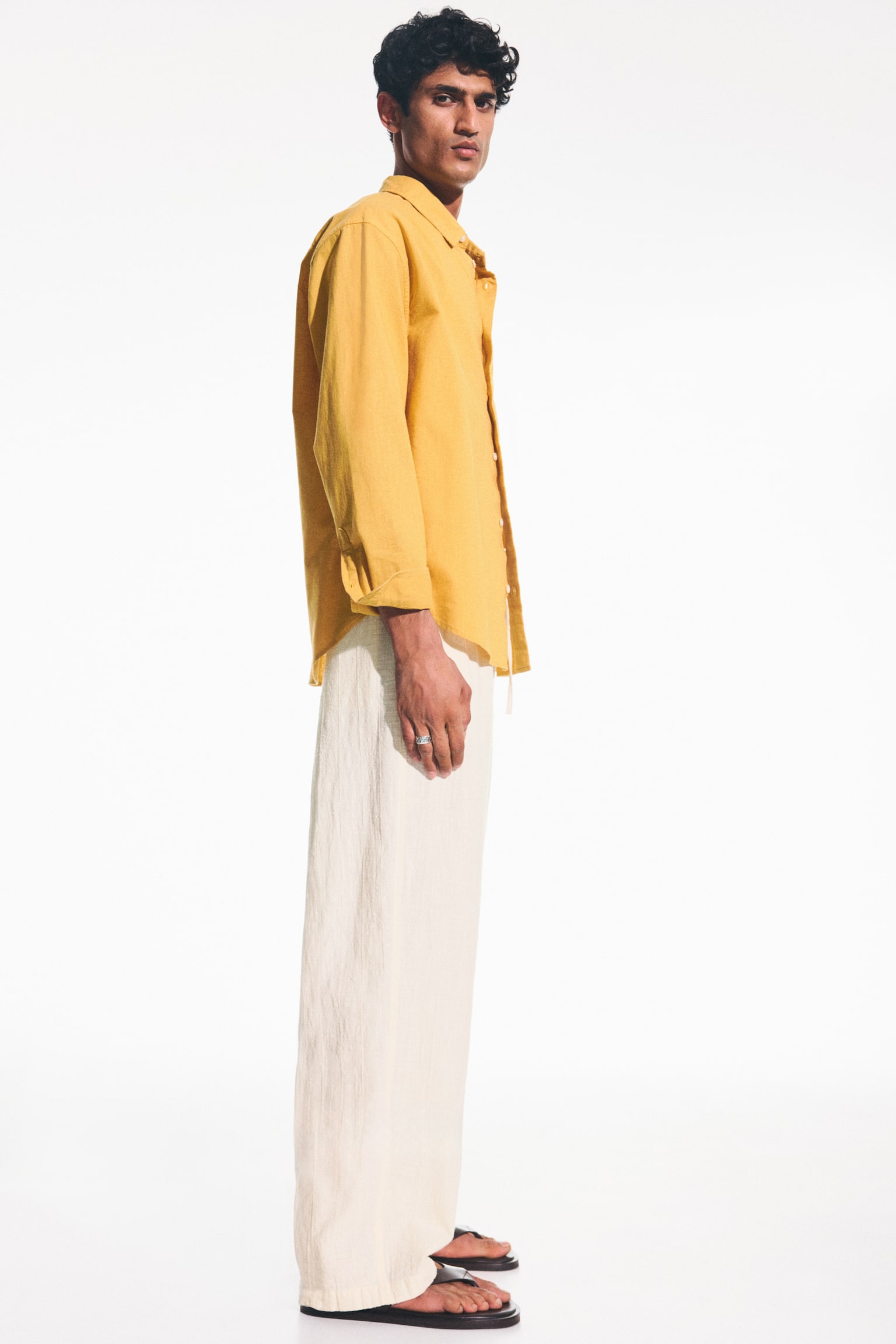 Relaxed Fit Textured cotton trousers - White/Dark brown - 3