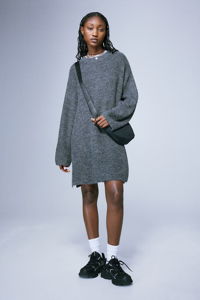 Oversized knitted dress - Dark grey marl/Cream - 1