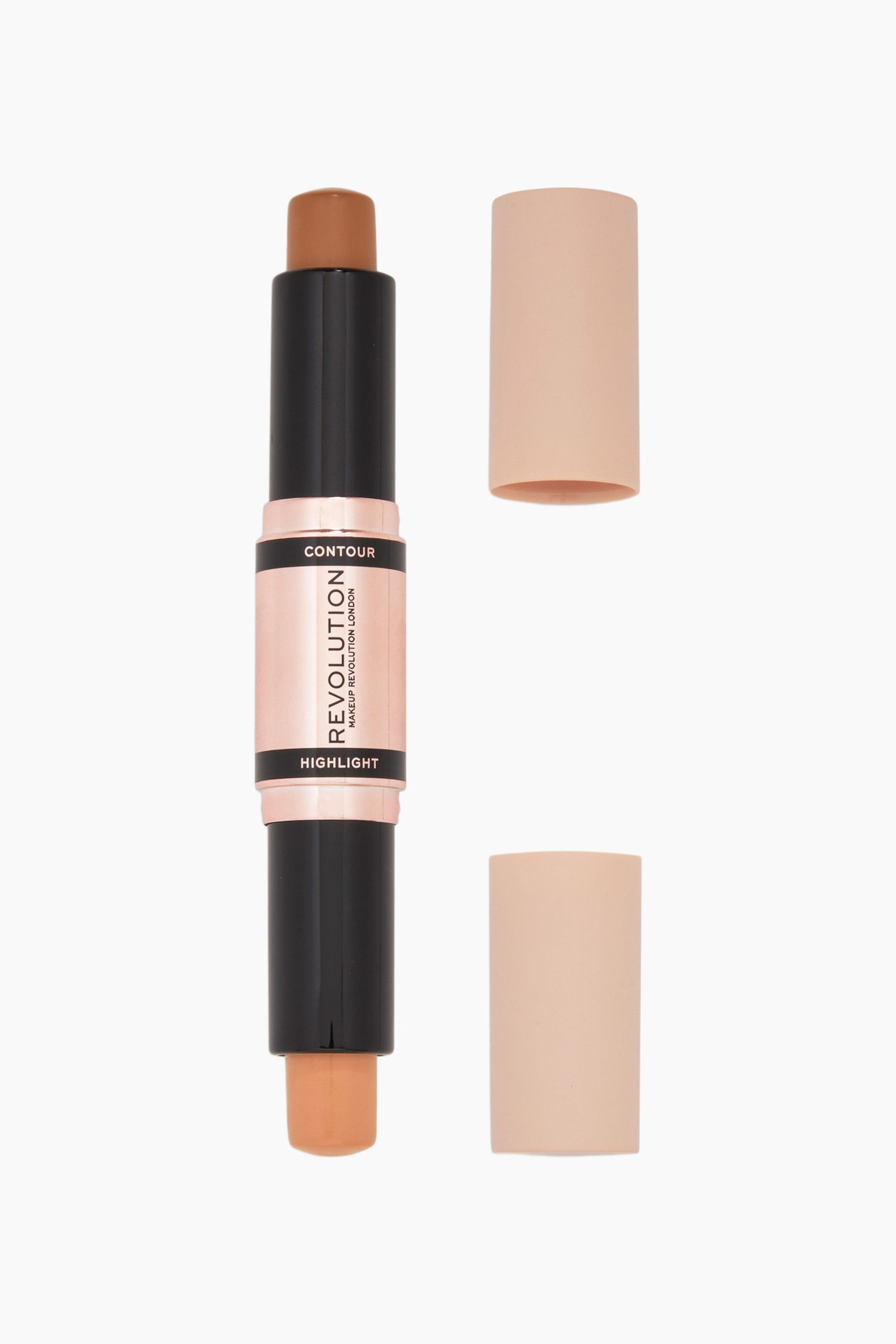 Näytä suurempi kuva: Kaksipäinen meikkipuikko seisoo pystyasennossa, esitellen tummanruskeaa contour-sävyä yläosassa ja vaaleampaa beigen sävyistä highlight-sävyä alaosassa musta-ruusukultaisessa rungossaan. Keskellä oleva ruusukultainen osa näyttää mustat merkinnät "CONTOUR" ja "HIGHLIGHT", ja kaksi yhteensopivaa vaaleanbeigeä korkkia lepää irrotettuna oikealla.