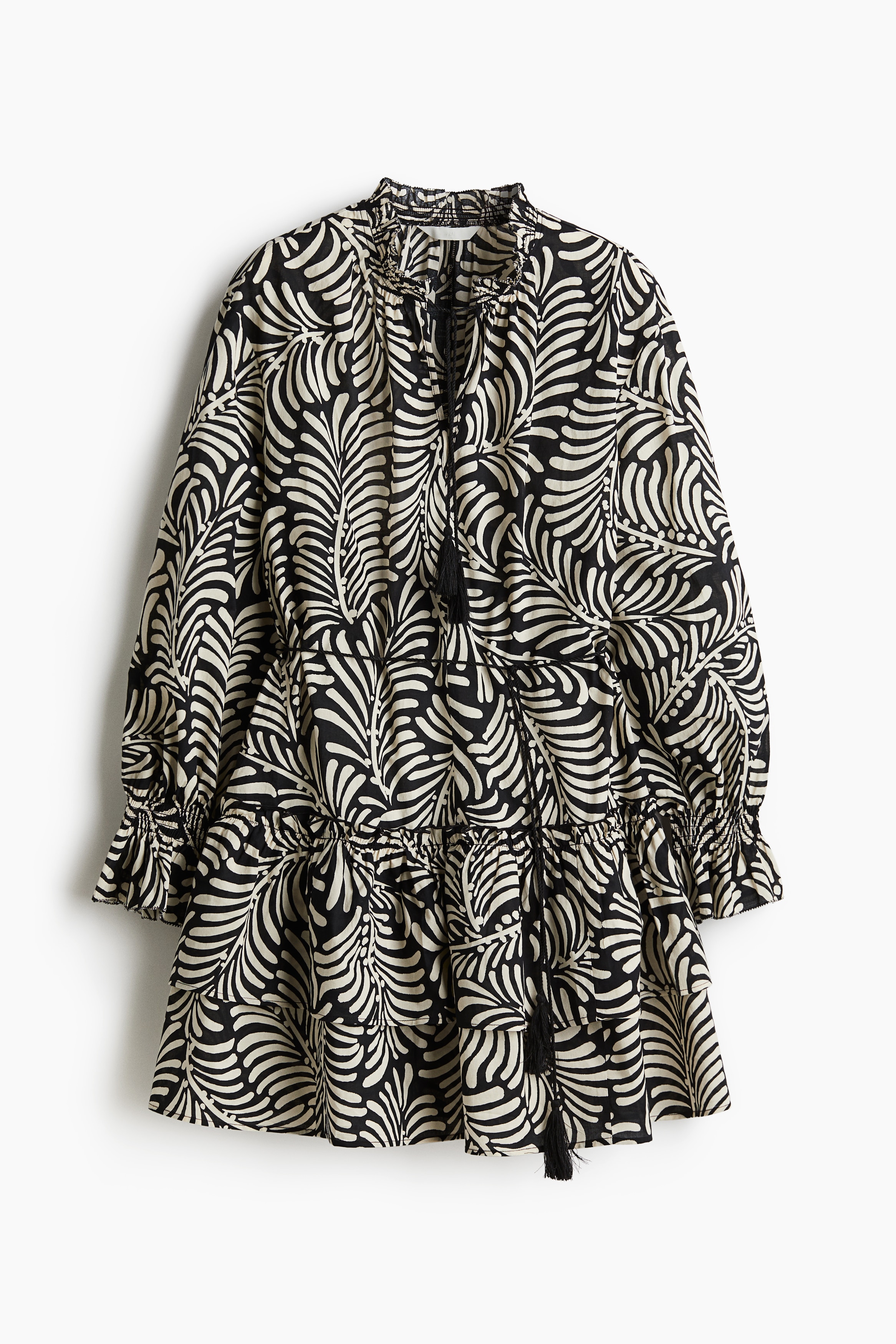 Kleid mit Volants und Bindegürtel - Schwarz/Cremefarben gemustert/Dunkelgelb/Gemustert