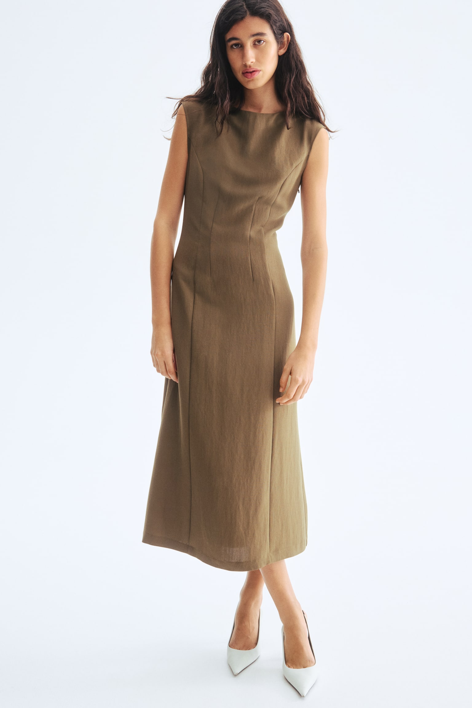 Waisted sleeveless dress - Dark khaki green - 3