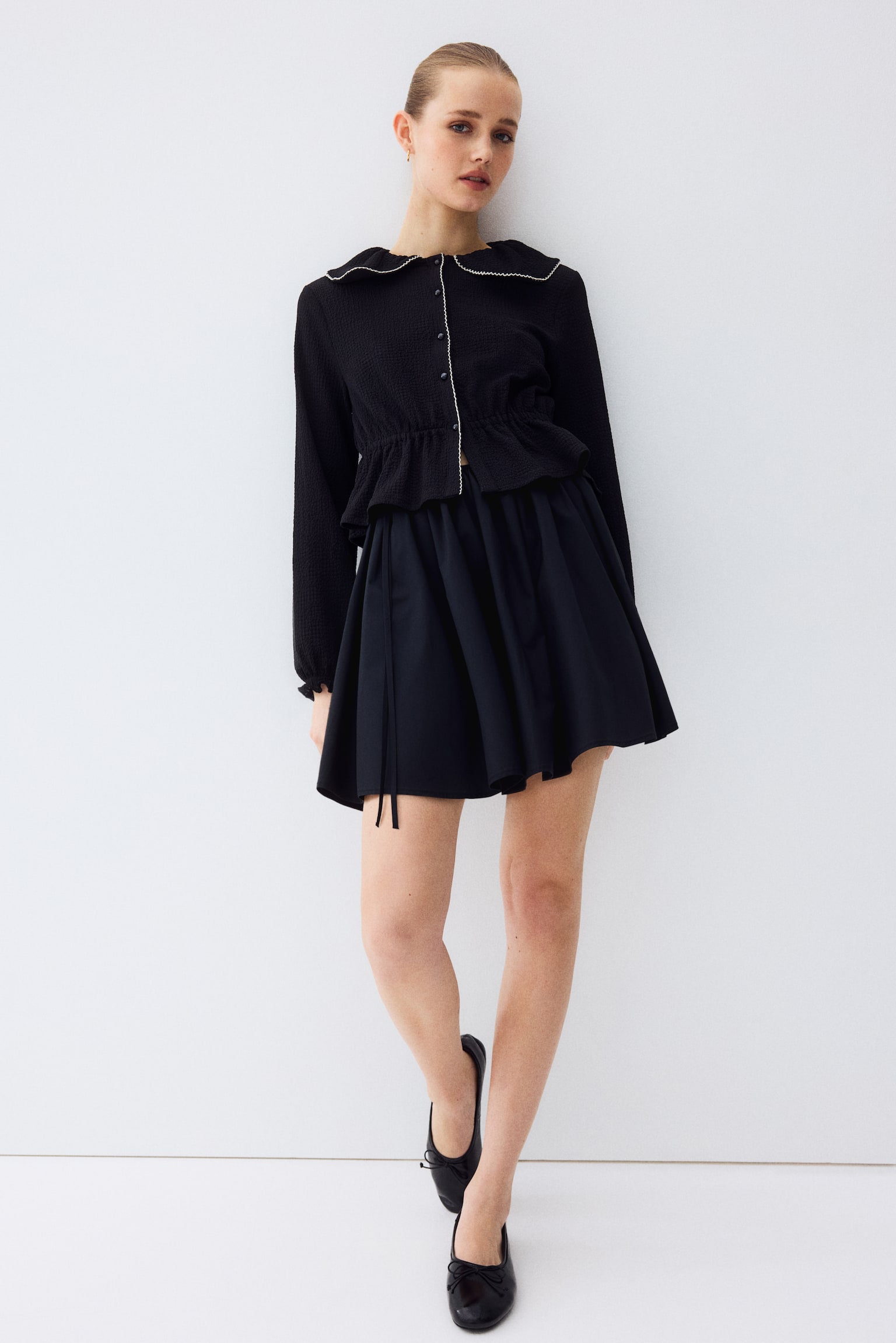 Collared peplum top - Charcoal grey/Cream/Turquoise - 3