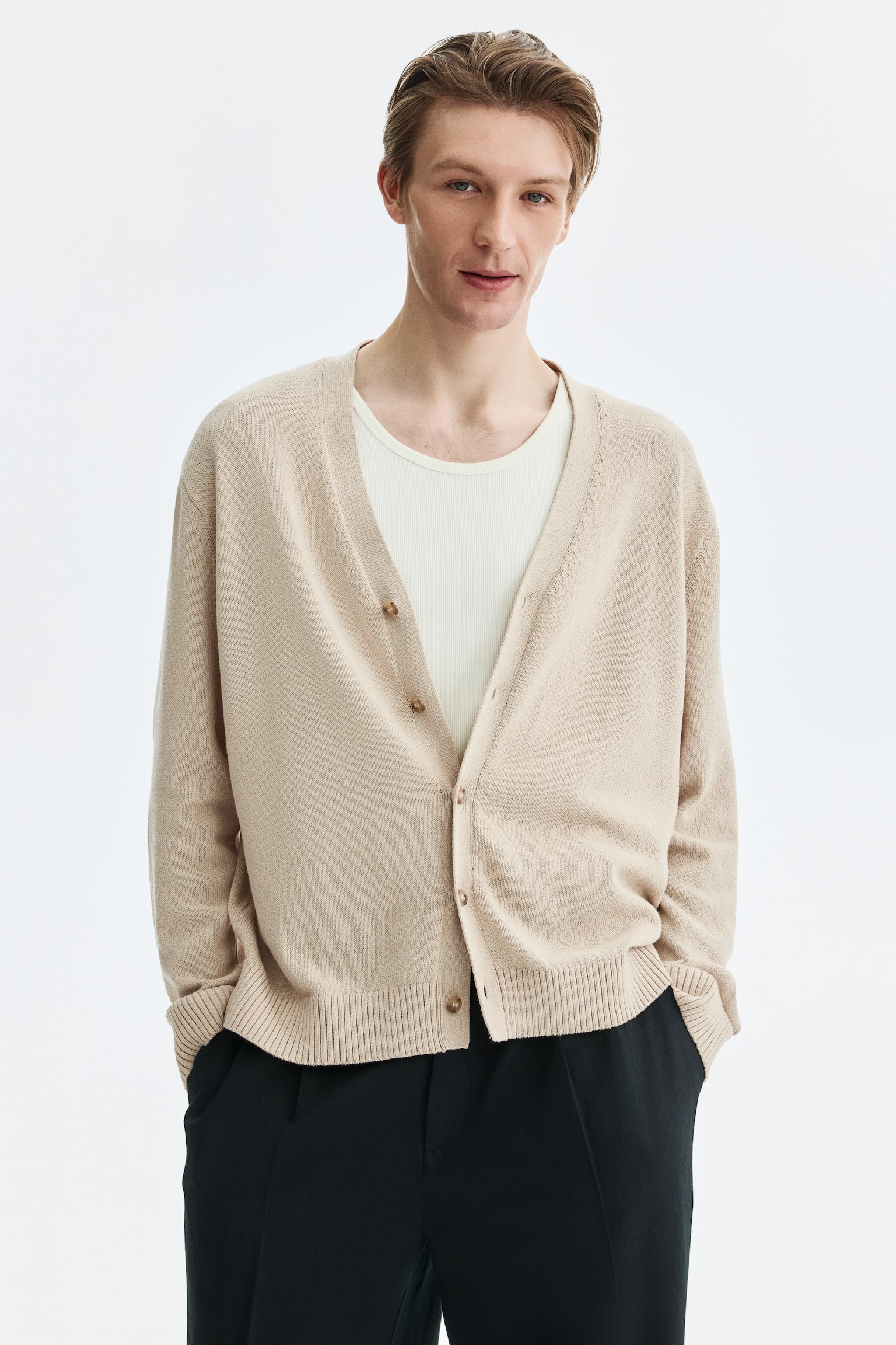 Relaxed Fit Cardigan - Beige/Dark brown - 4