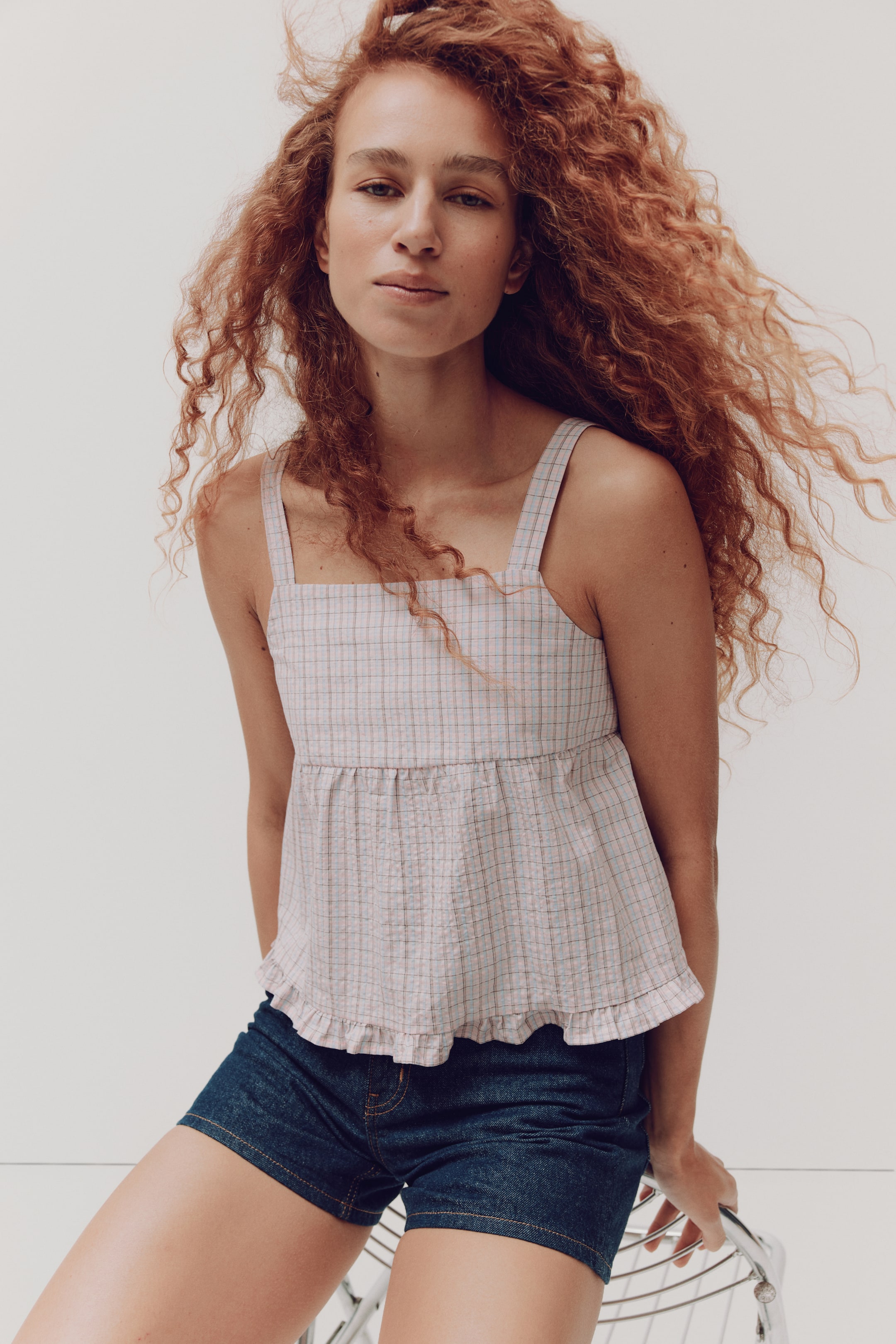 Ampliar la imagen: Top en seersucker de algodón - Rosa claro/Cuadros - Ladies | H&M MX 1