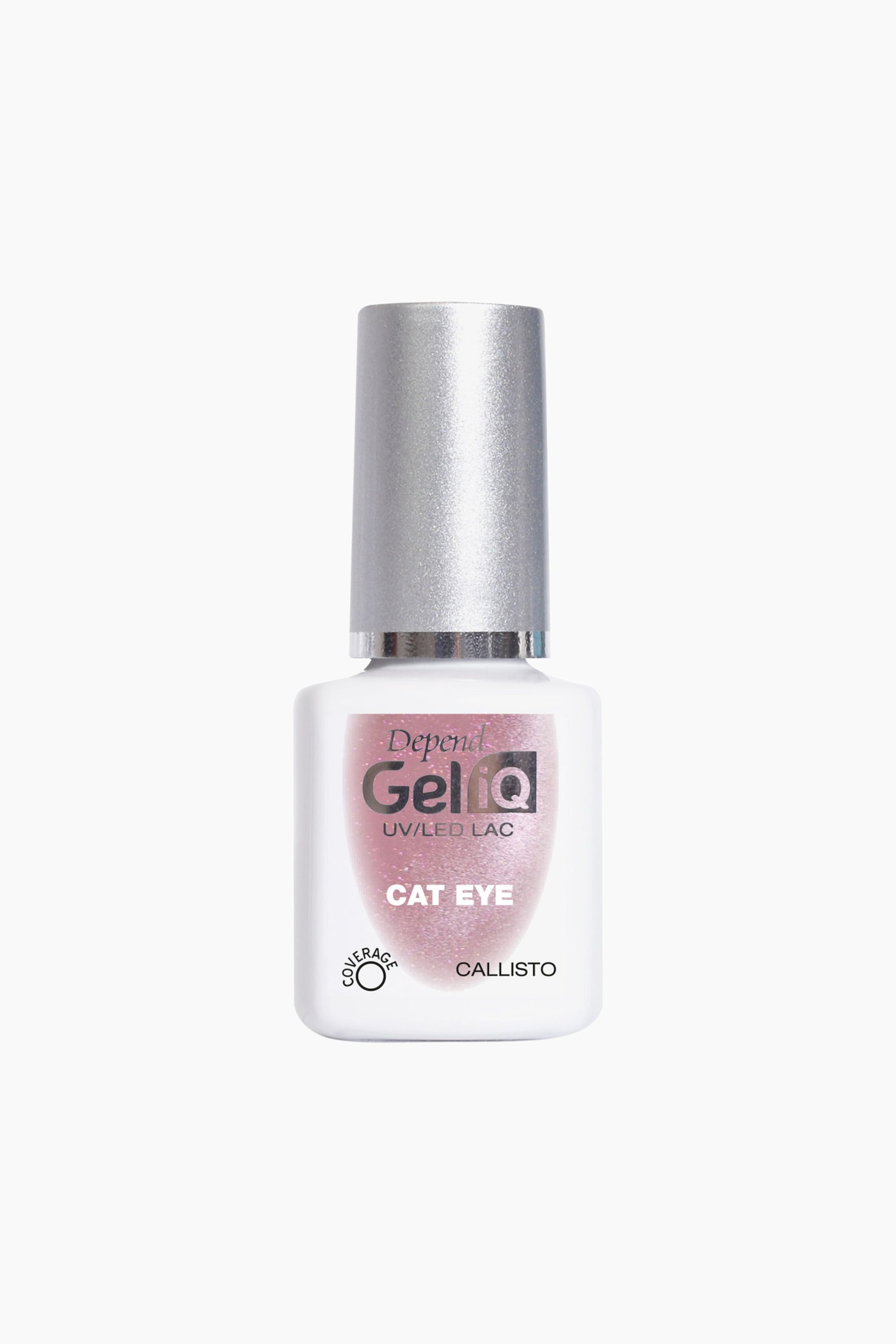 Visa större bild: En vit, rektangulär nagellacksflaska med rundade kanter står upprätt och vänd framåt, med en frostad cylindrisk kork i metallic silver. En skimrande rosa etikett med cat-eye-effekt täcker framsidan och visar "Depend GelIQ UV/LED LAC" och "CAT EYE".
