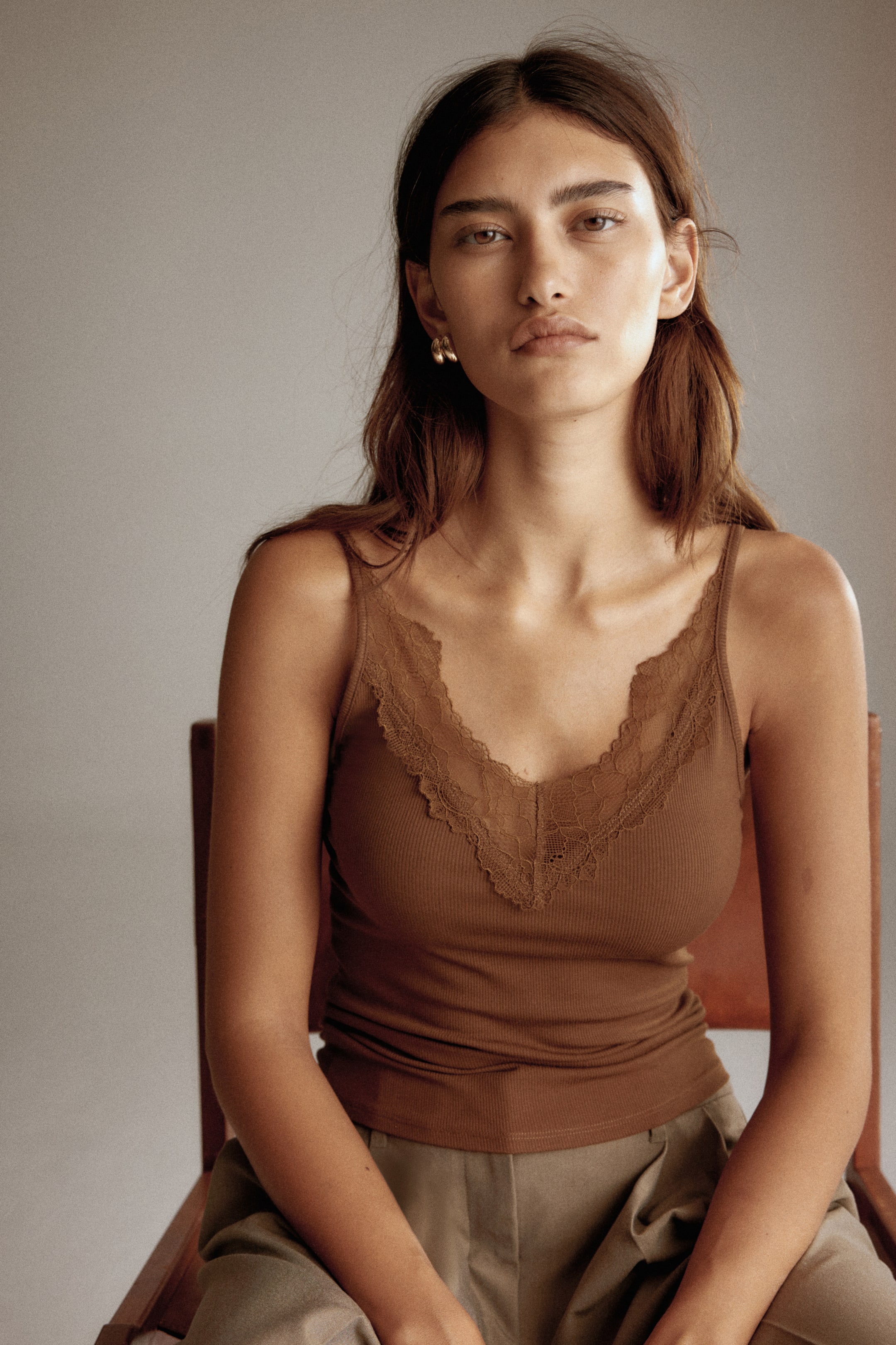 View larger image: Lace-trimmed strappy top - Brown - Ladies | H&M MY 2