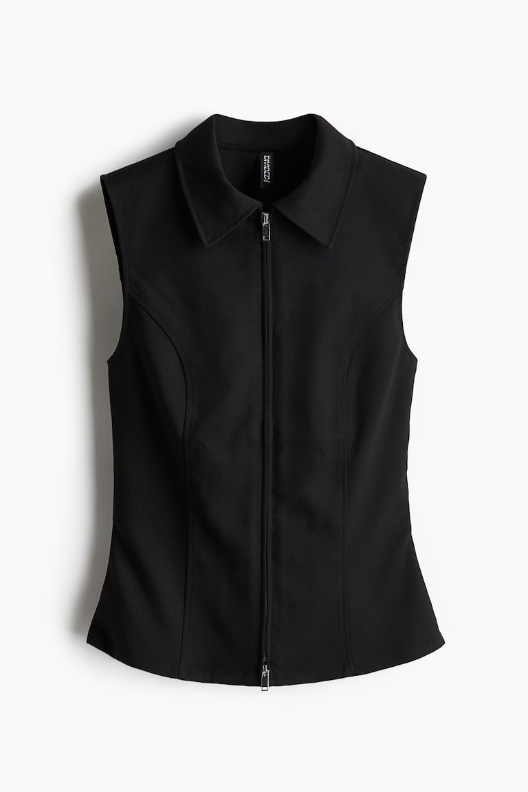 HOWDY. moco long vest (black)（Collared zip-through vest top  